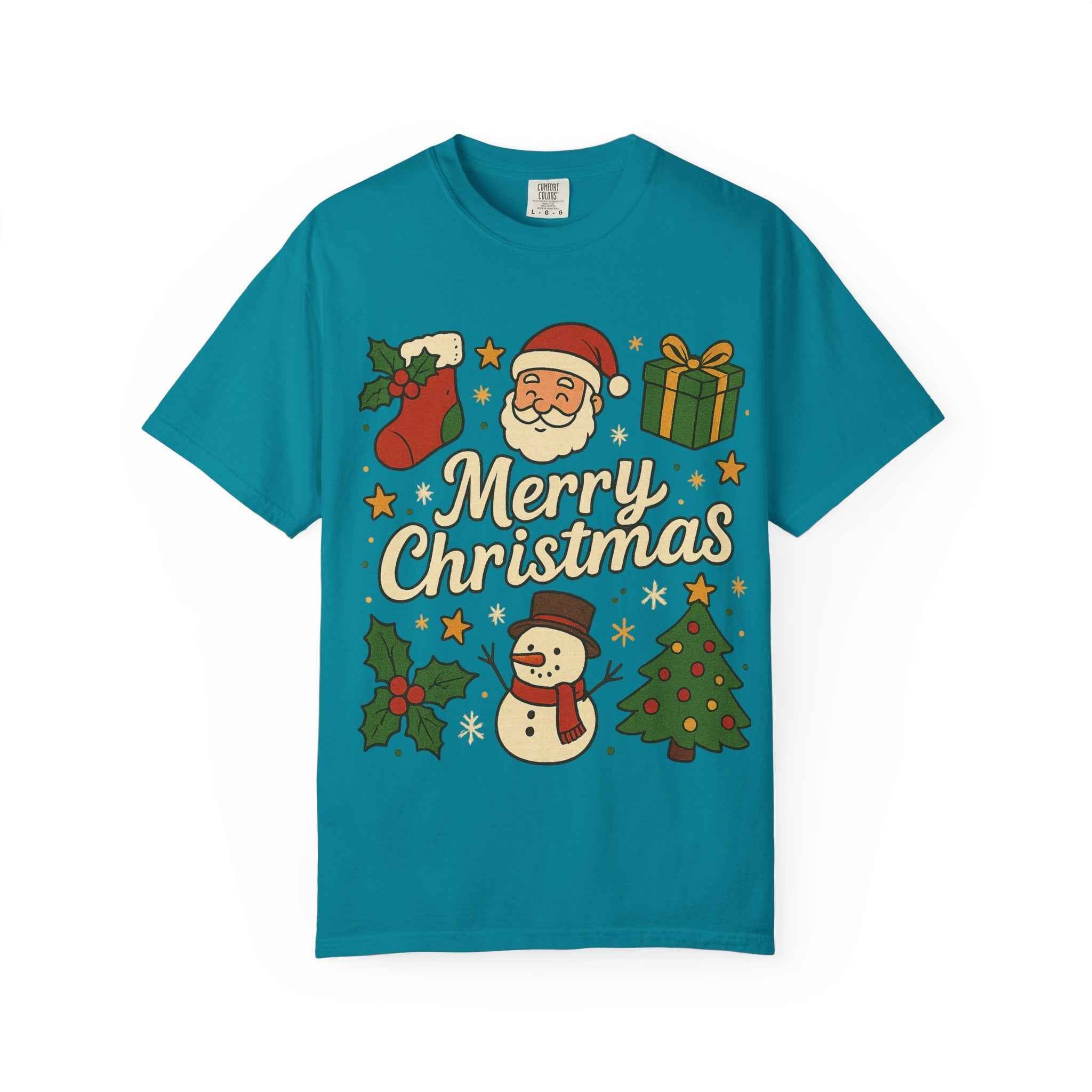 Merry Christmas T-Shirt – Santa Claus, Snowman & Christmas Tree | Holiday Graphic Tee