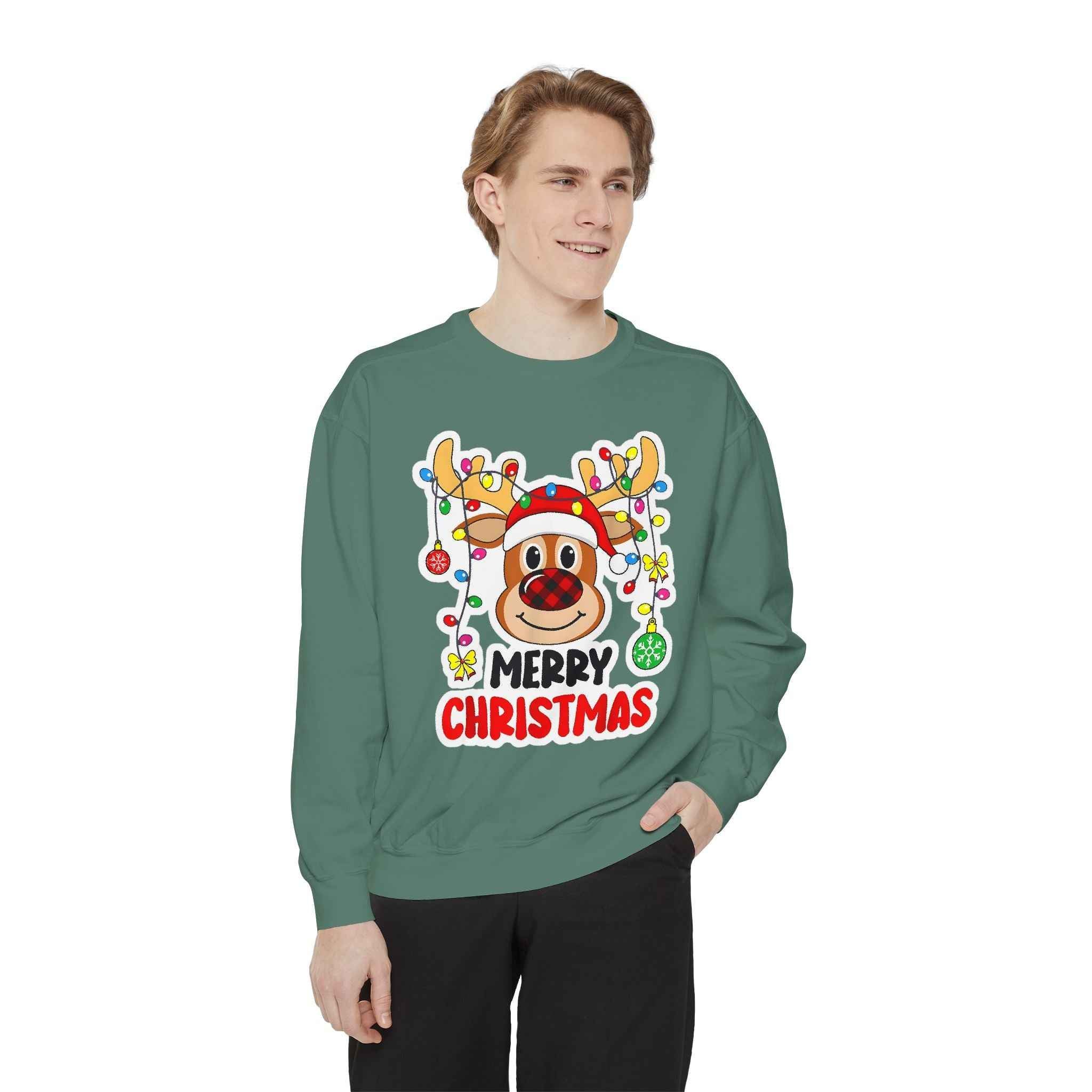 Grinchmas Vibes Reindeer Sweatshirt — "Merry Christmas" Front, "Grinchmas Vibes" Back