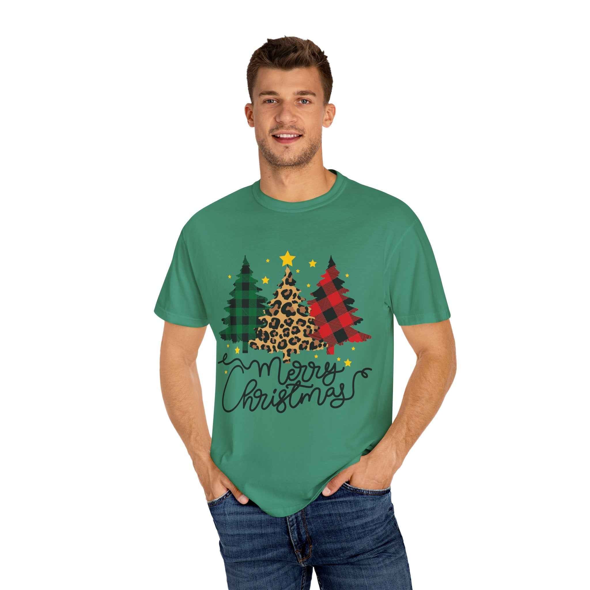 Merry Christmas T-Shirt – Santa Claus, Snowman & Christmas Tree | Holiday Graphic Tee