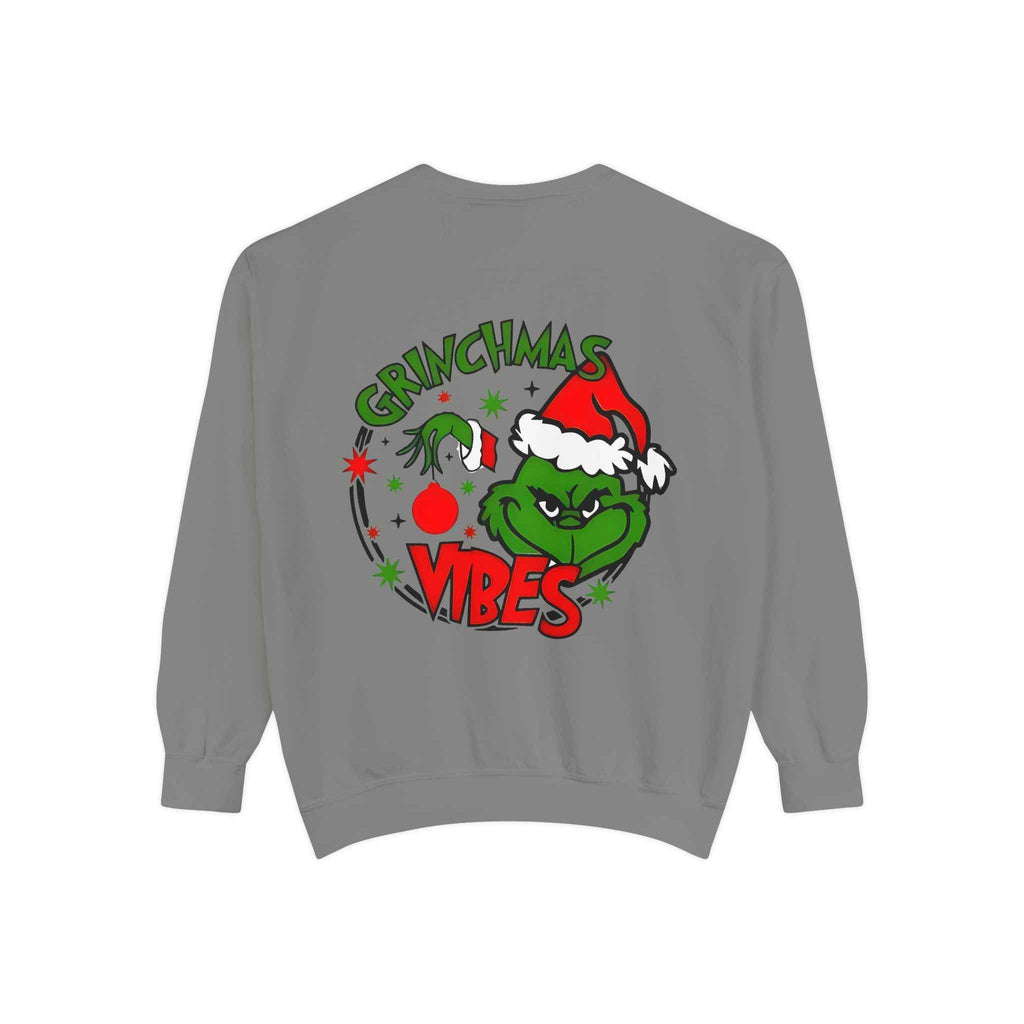 Grinchmas Vibes Reindeer Sweatshirt — "Merry Christmas" Front, "Grinchmas Vibes" Back