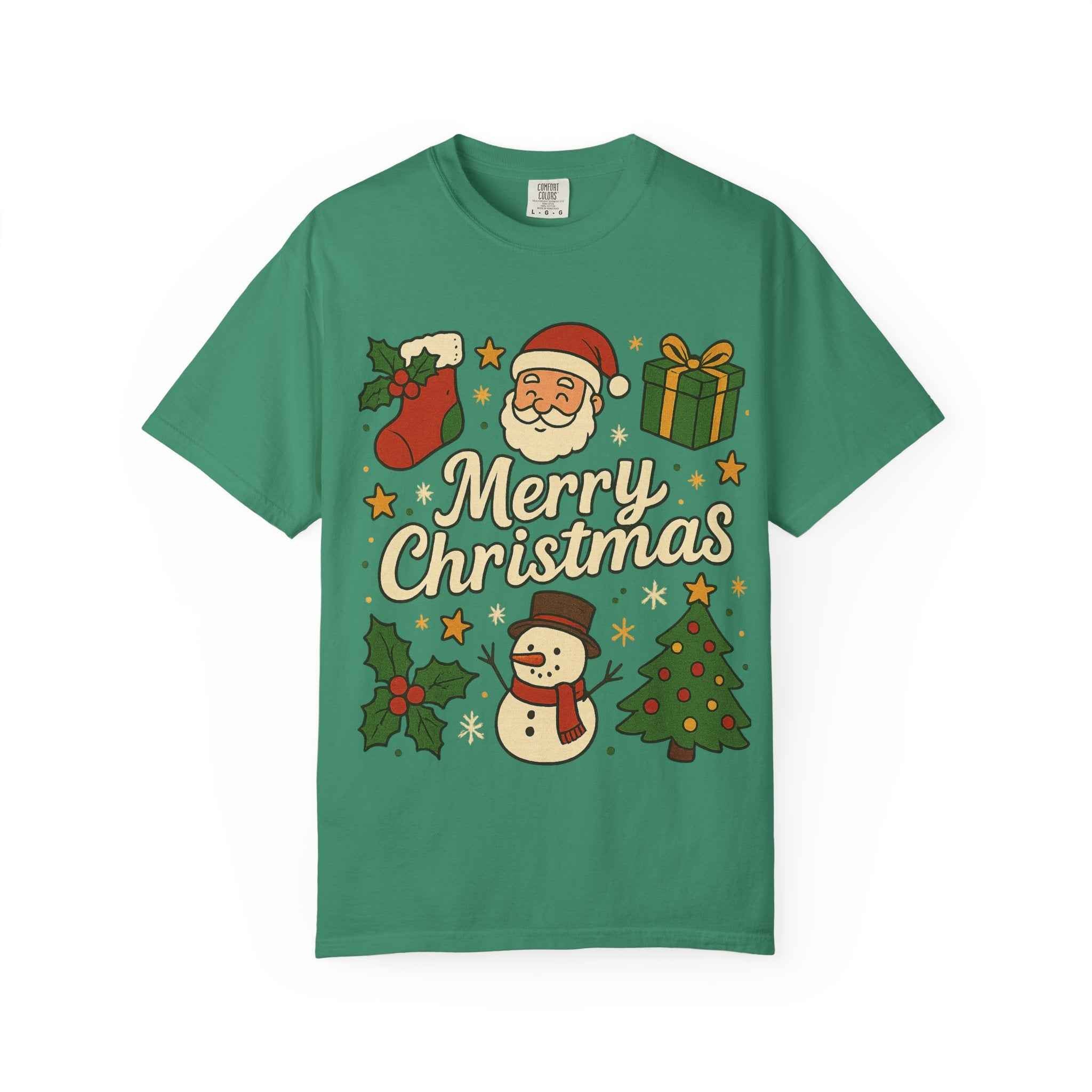 Merry Christmas T-Shirt – Santa Claus, Snowman & Christmas Tree | Holiday Graphic Tee