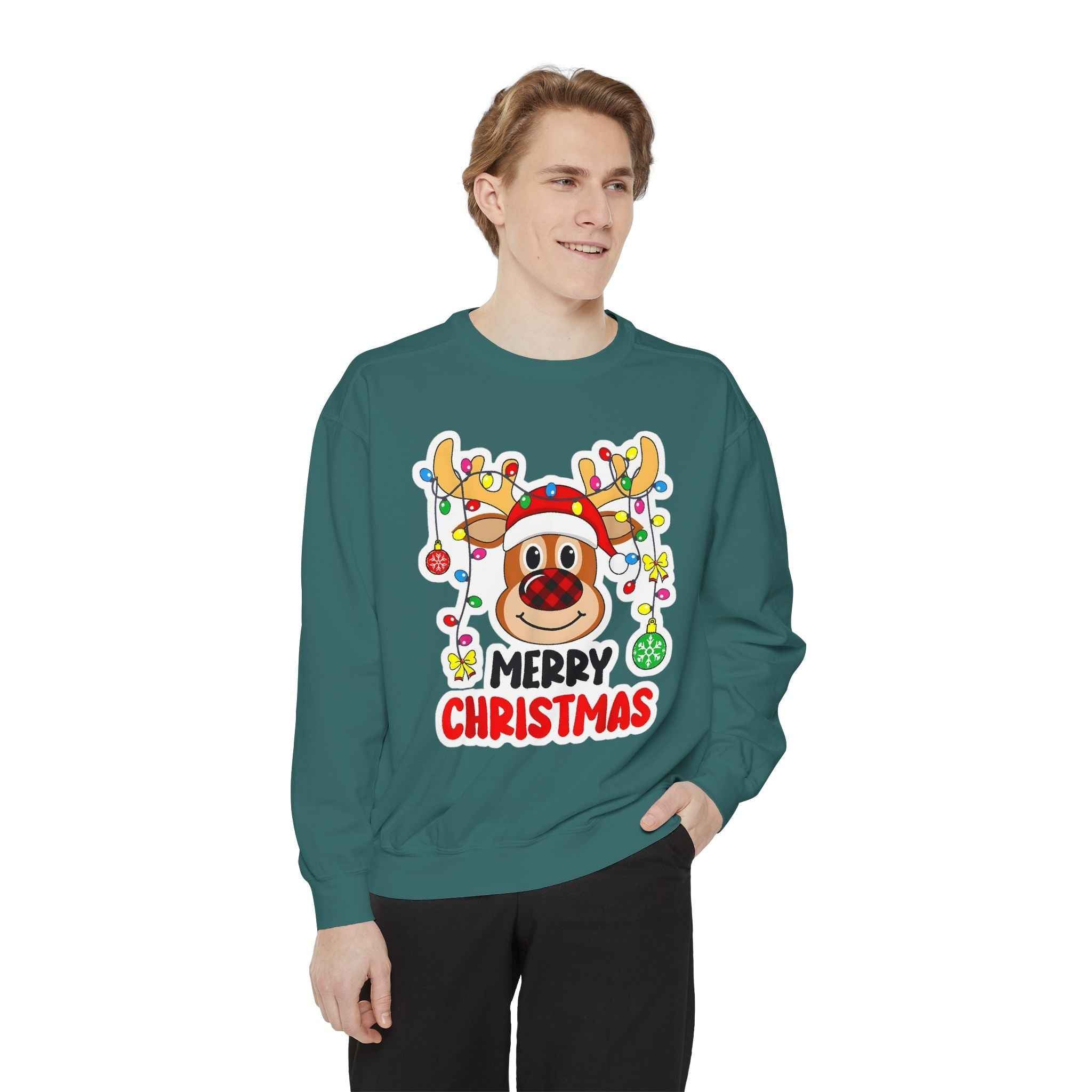 Grinchmas Vibes Reindeer Sweatshirt — "Merry Christmas" Front, "Grinchmas Vibes" Back