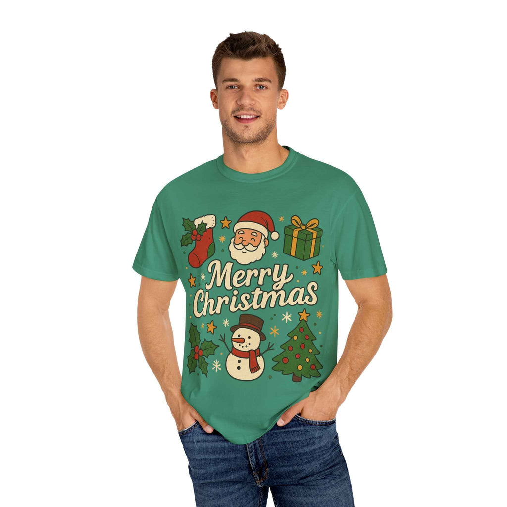 Merry Christmas T-Shirt – Santa Claus, Snowman & Christmas Tree | Holiday Graphic Tee