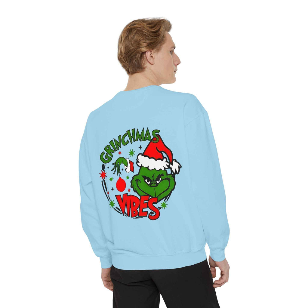 Grinchmas Vibes Reindeer Sweatshirt — "Merry Christmas" Front, "Grinchmas Vibes" Back