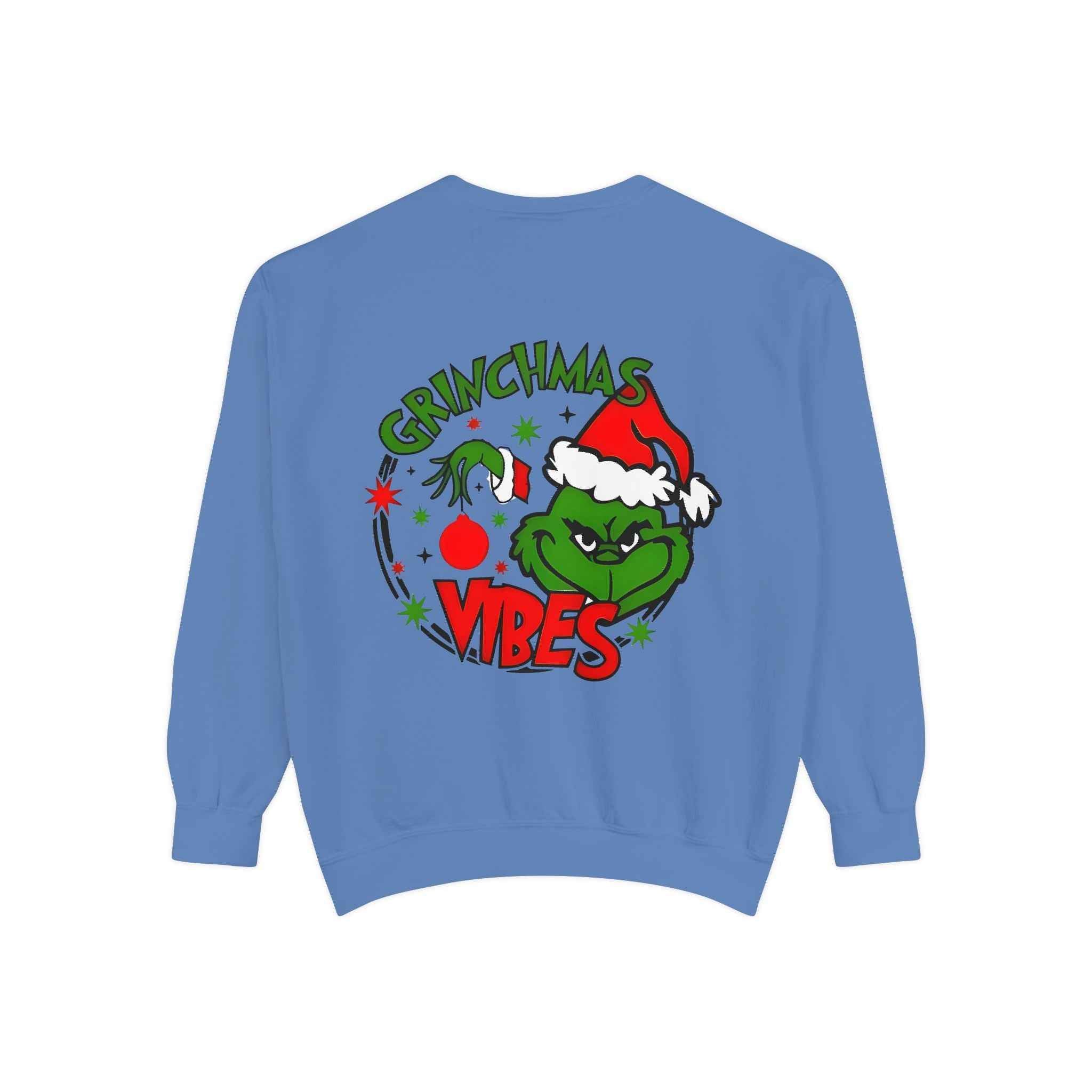 Grinchmas Vibes Reindeer Sweatshirt — "Merry Christmas" Front, "Grinchmas Vibes" Back