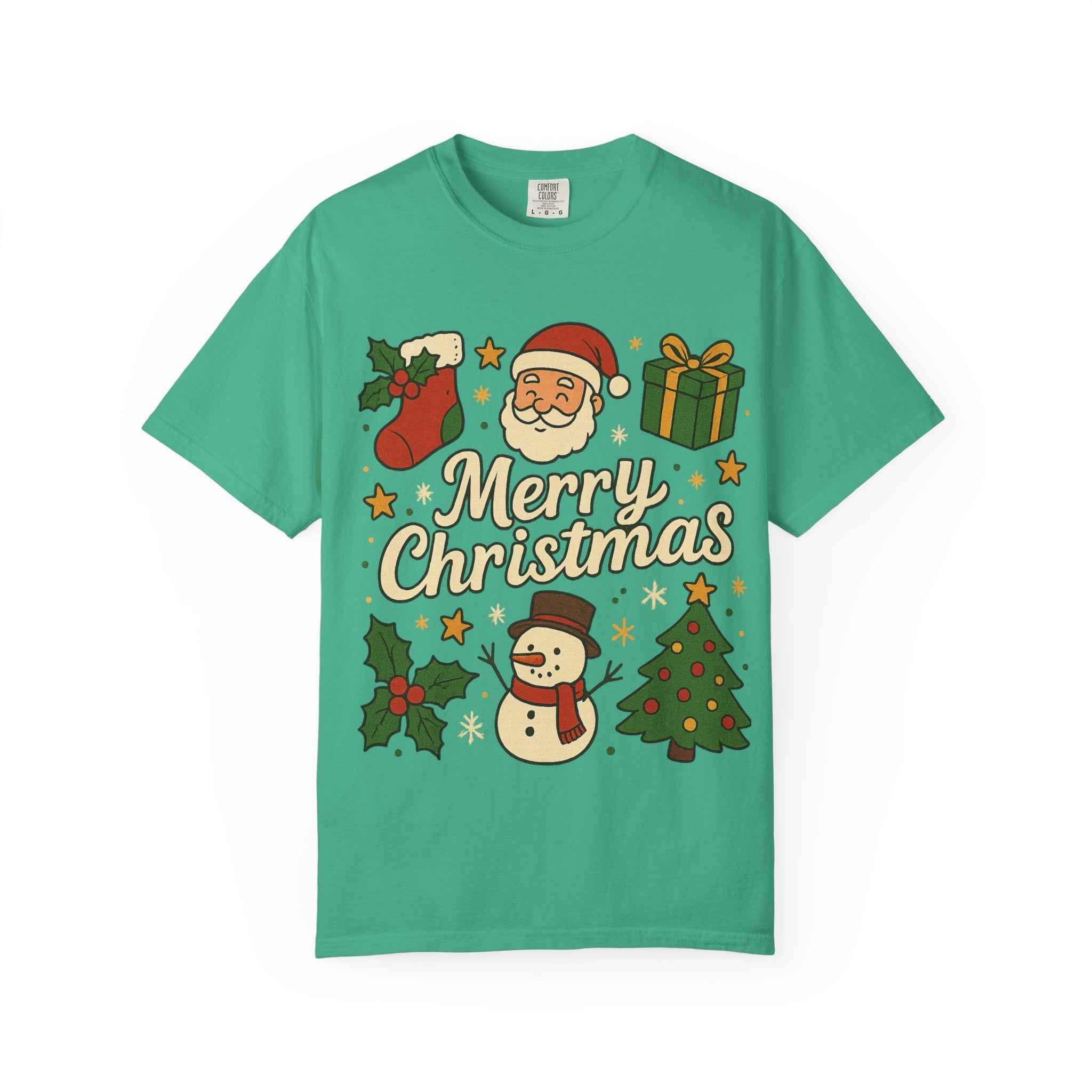 Merry Christmas T-Shirt – Santa Claus, Snowman & Christmas Tree | Holiday Graphic Tee