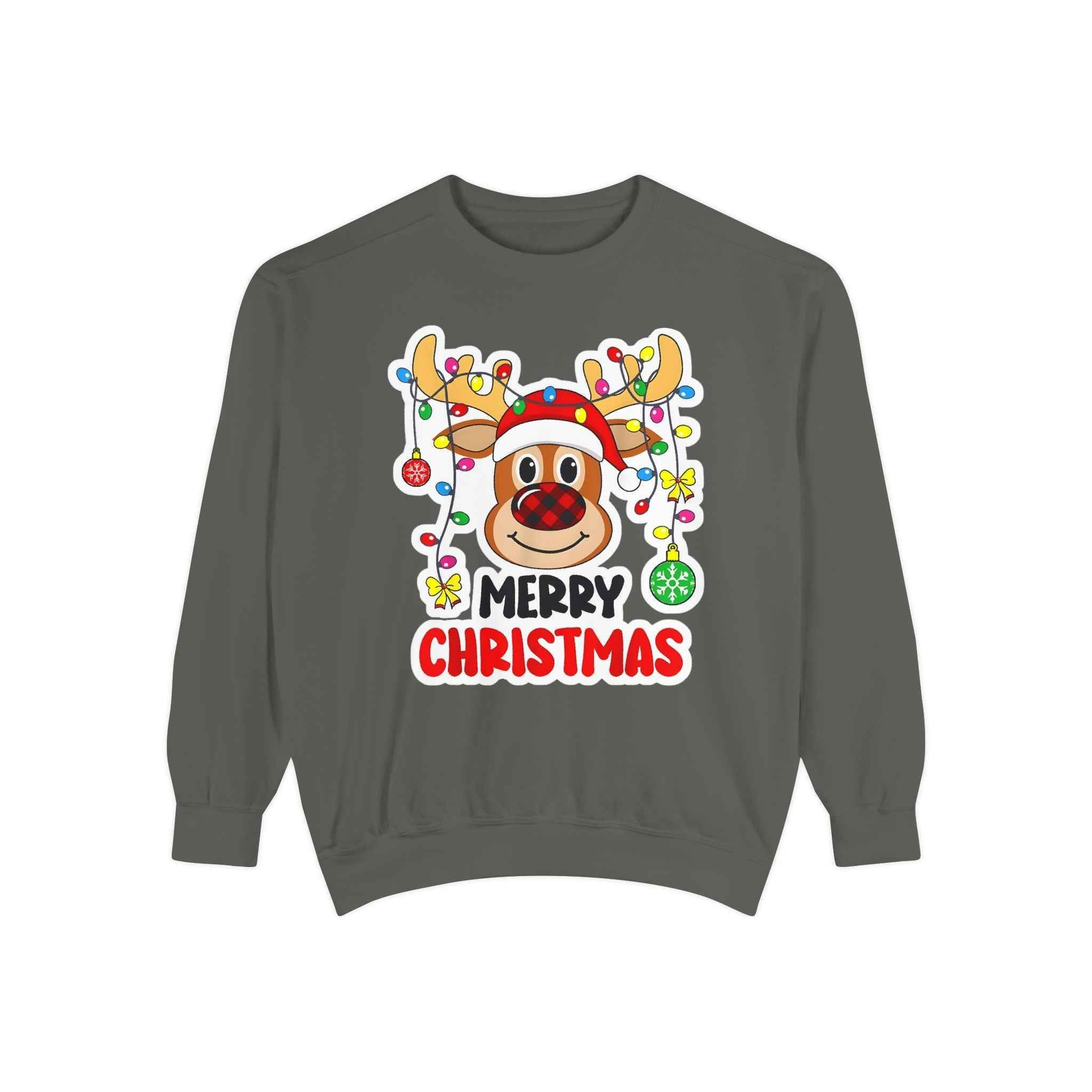 Grinchmas Vibes Reindeer Sweatshirt — "Merry Christmas" Front, "Grinchmas Vibes" Back