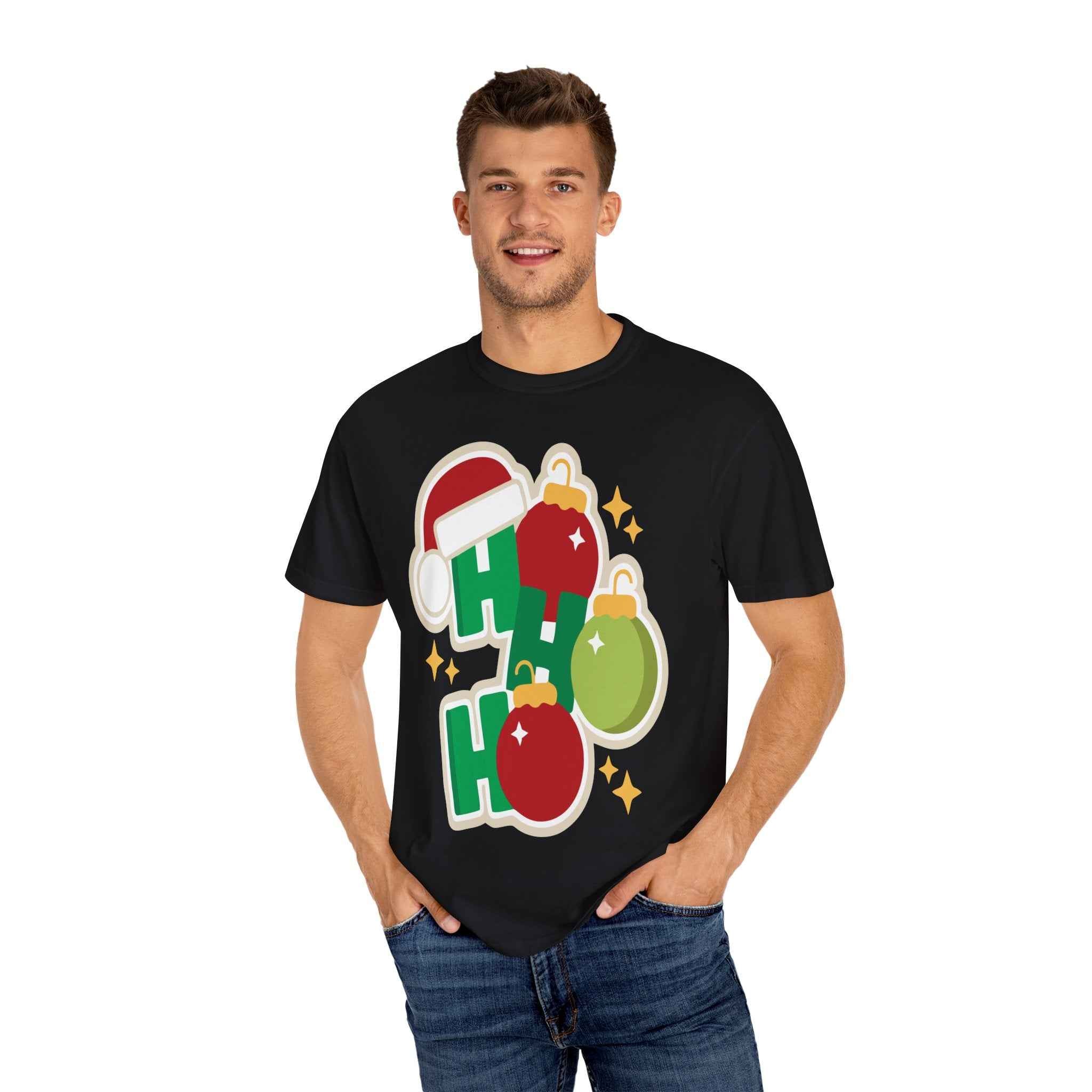 Funny Christmas T-Shirt – Ho Ho Ho Holiday Graphic Tee | Santa Hat & Ornament Design | Festive Xmas Shirt for Men & Women - La Pomada Shop