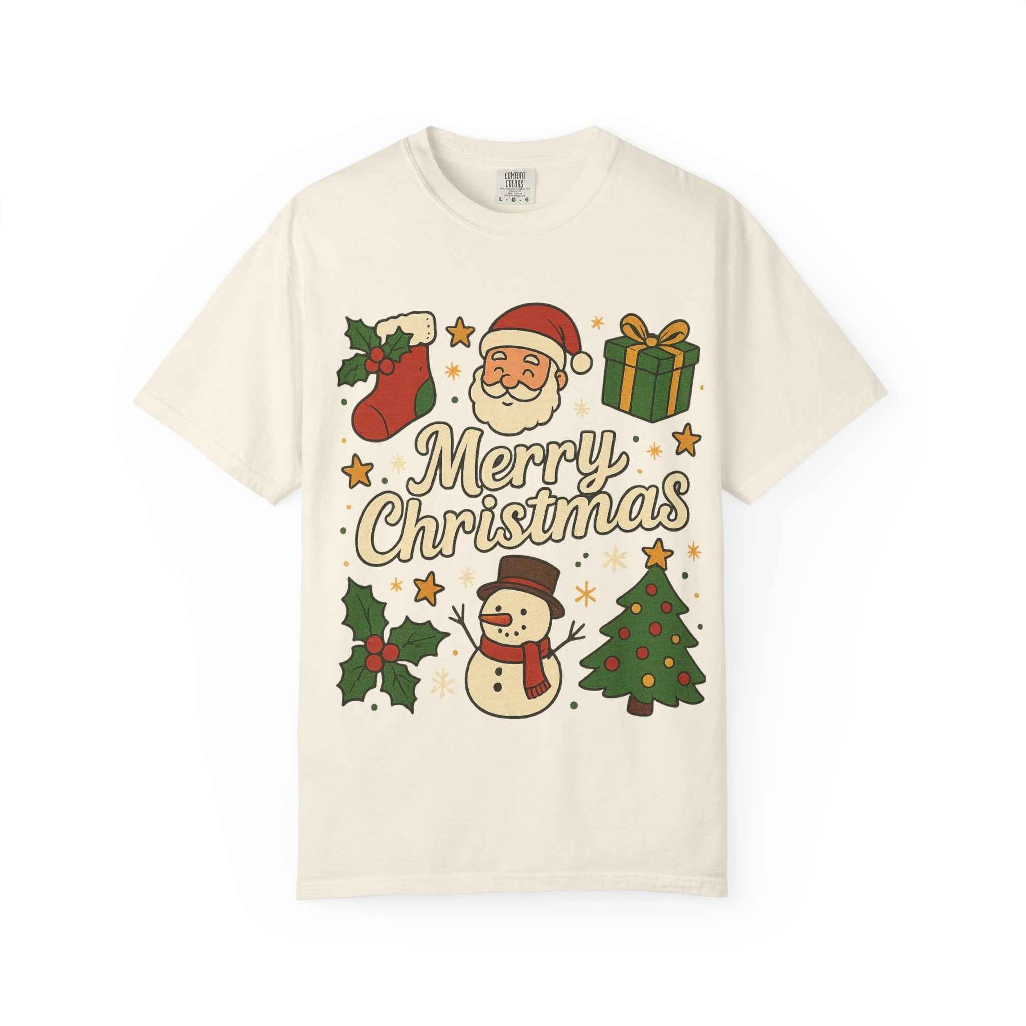 Merry Christmas T-Shirt – Santa Claus, Snowman & Christmas Tree | Holiday Graphic Tee