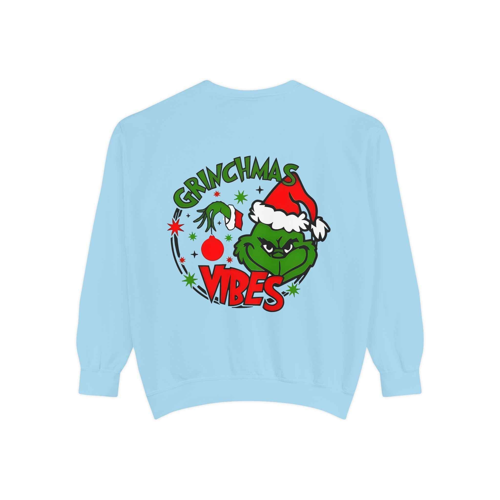 Grinchmas Vibes Reindeer Sweatshirt — "Merry Christmas" Front, "Grinchmas Vibes" Back