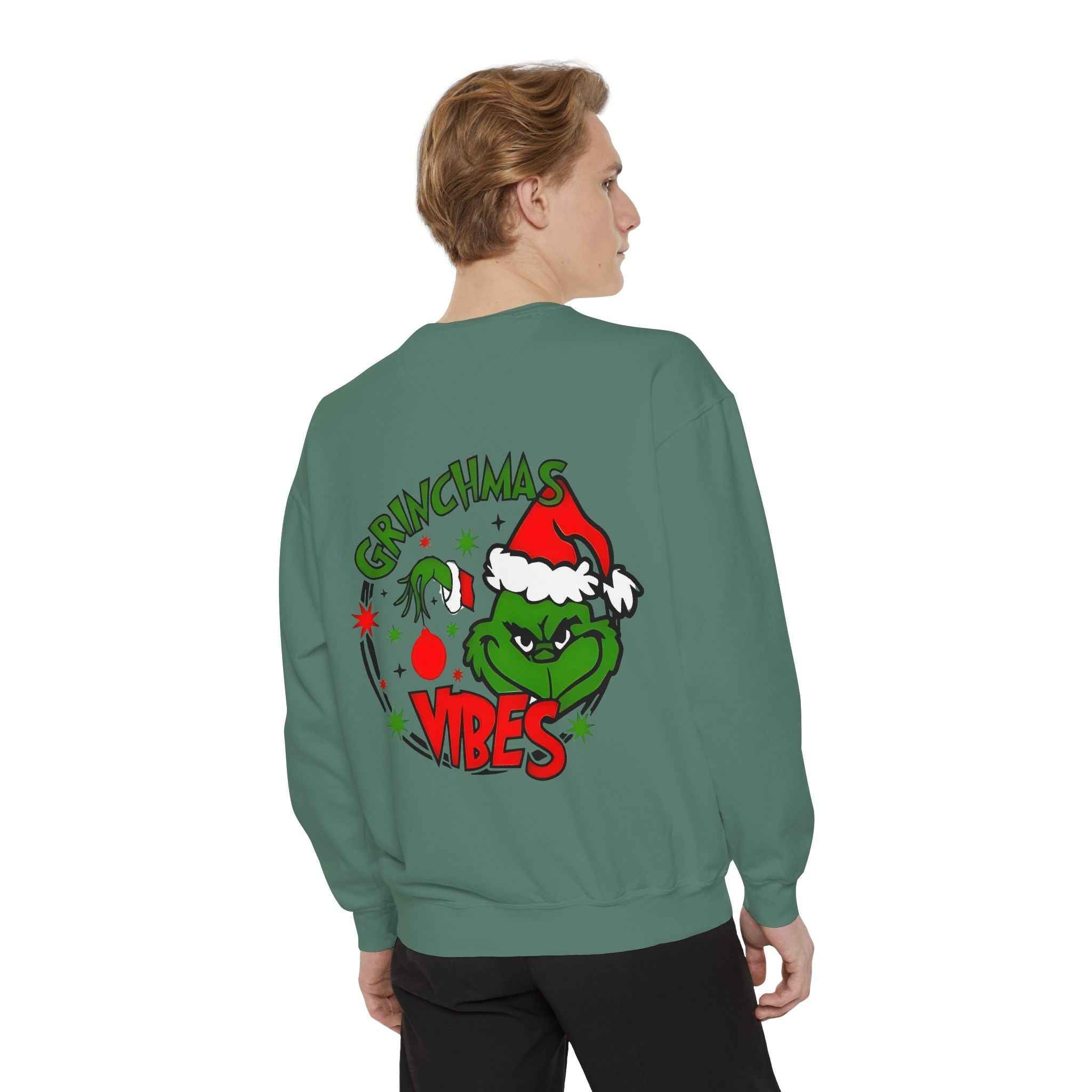 Grinchmas Vibes Reindeer Sweatshirt — "Merry Christmas" Front, "Grinchmas Vibes" Back