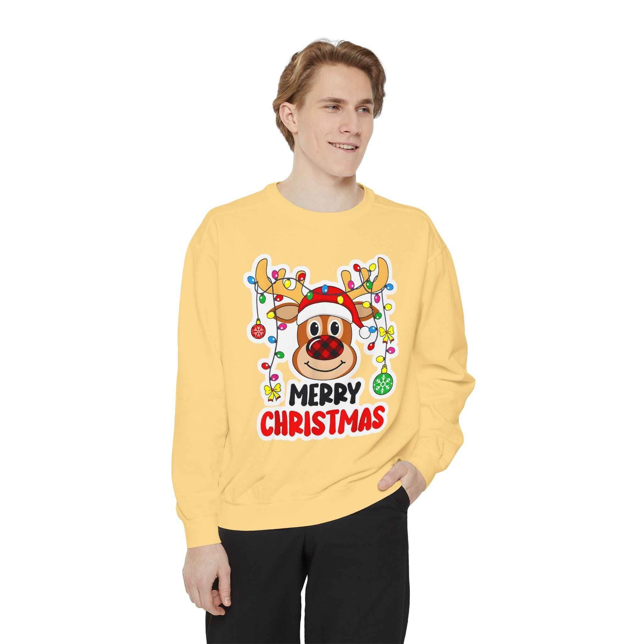 Grinchmas Vibes Reindeer Sweatshirt — "Merry Christmas" Front, "Grinchmas Vibes" Back