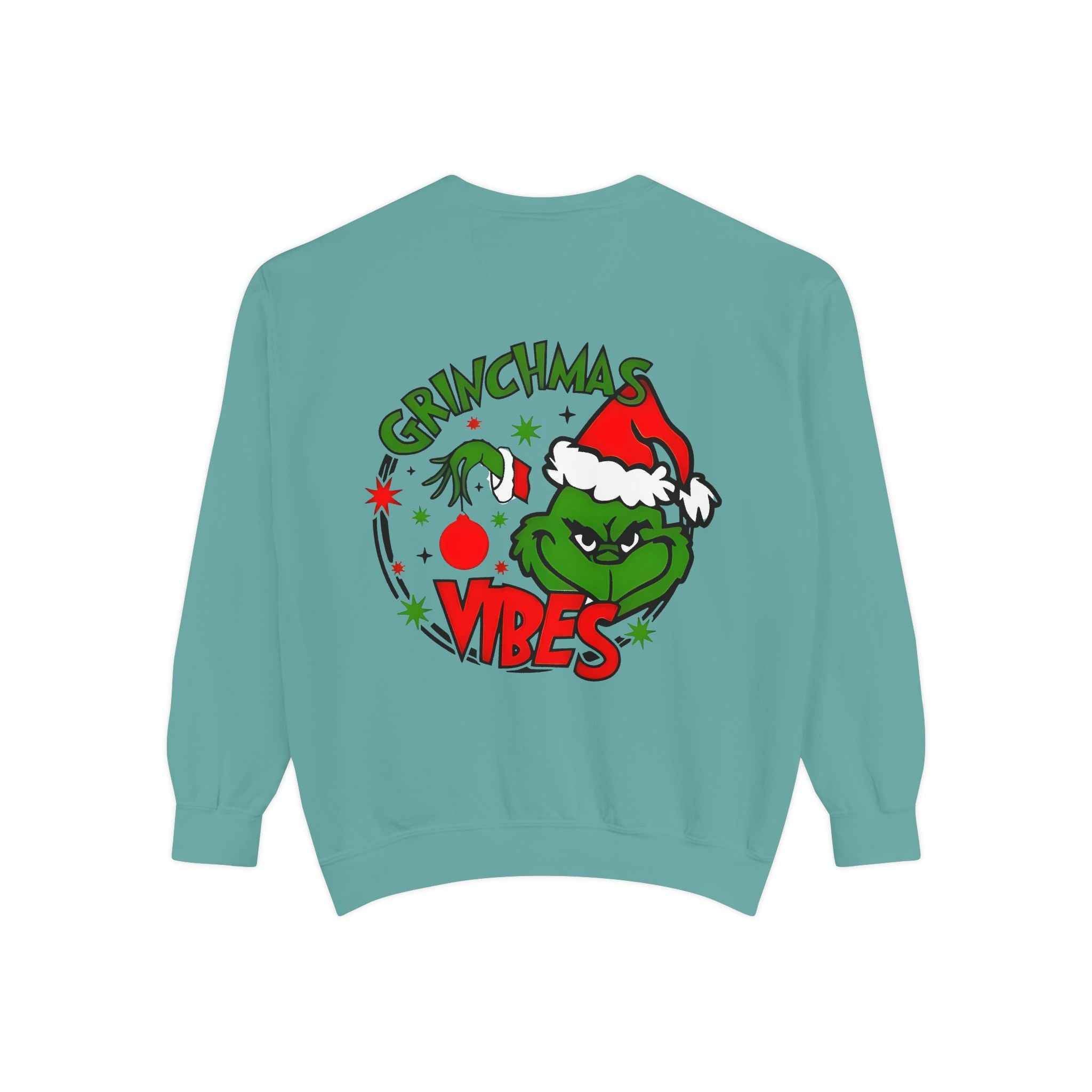 Grinchmas Vibes Reindeer Sweatshirt — "Merry Christmas" Front, "Grinchmas Vibes" Back