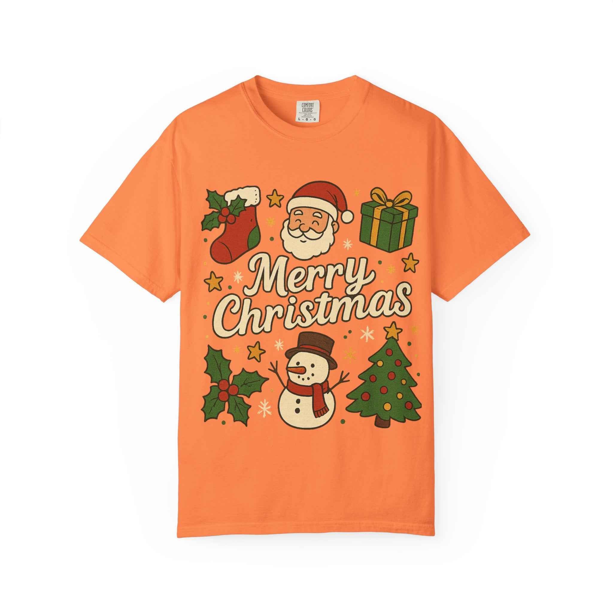 Merry Christmas T-Shirt – Santa Claus, Snowman & Christmas Tree | Holiday Graphic Tee