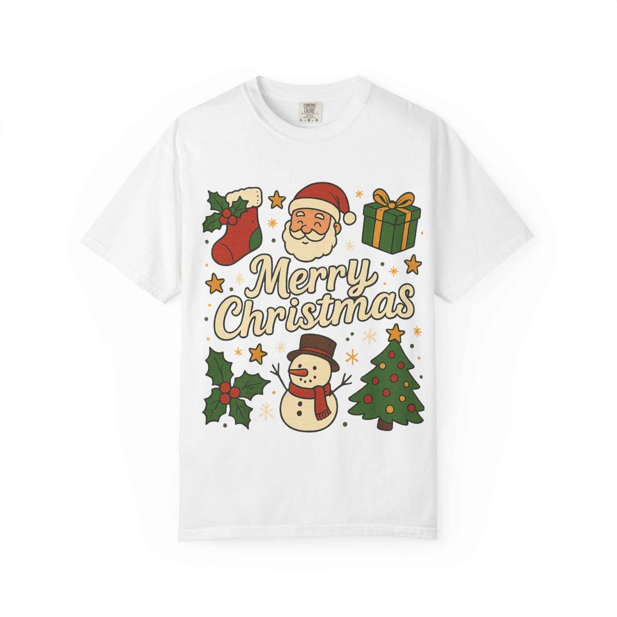 Merry Christmas T-Shirt – Santa Claus, Snowman & Christmas Tree | Holiday Graphic Tee