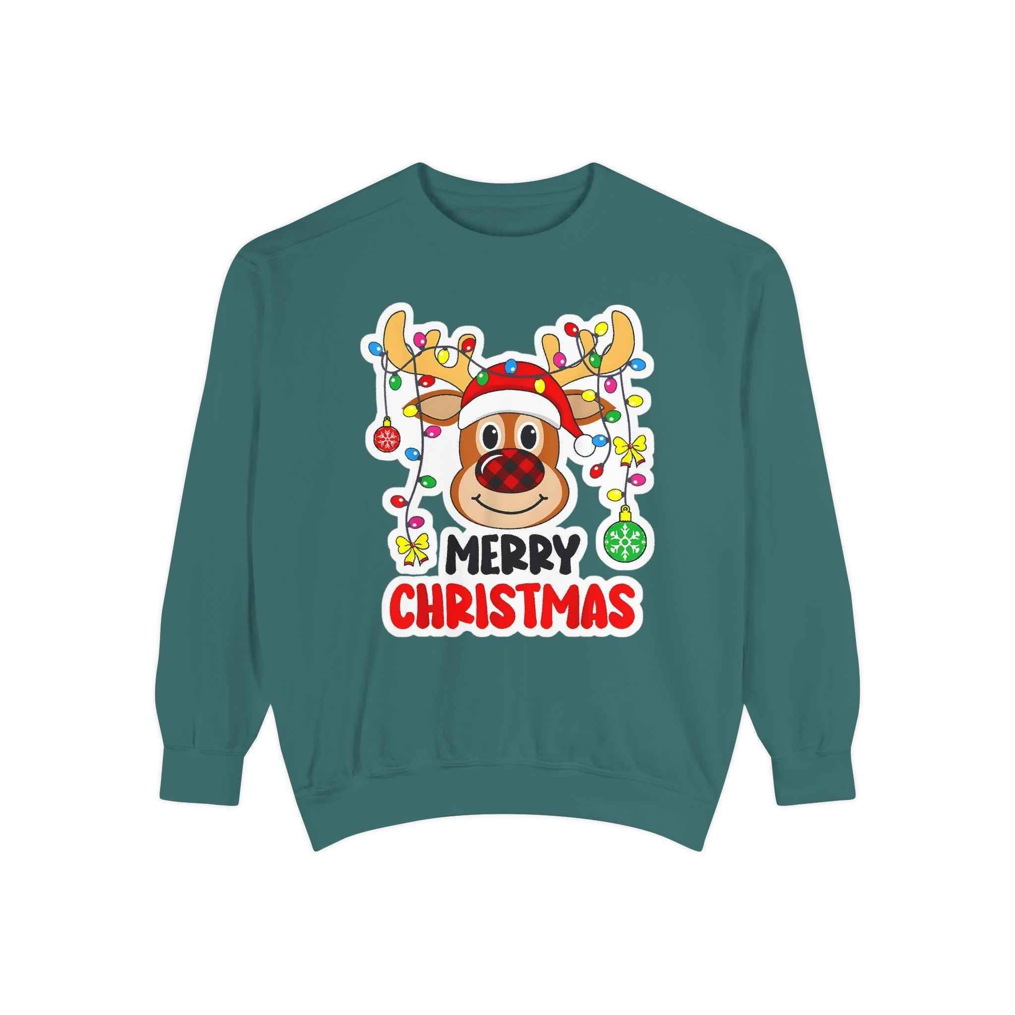 Grinchmas Vibes Reindeer Sweatshirt — "Merry Christmas" Front, "Grinchmas Vibes" Back