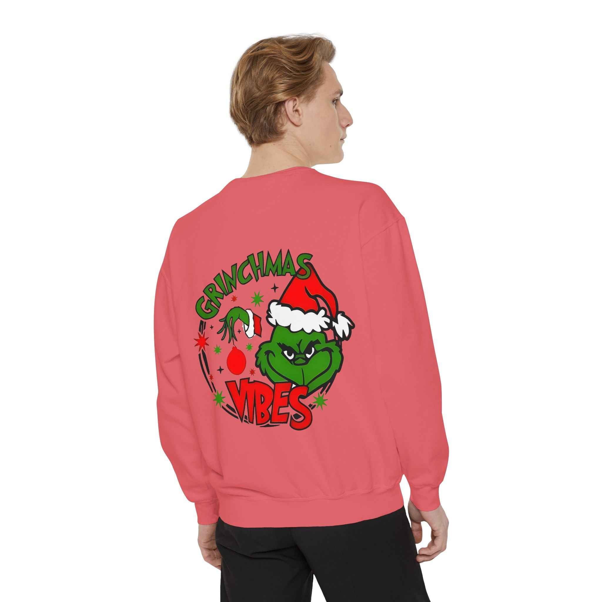 Grinchmas Vibes Reindeer Sweatshirt — "Merry Christmas" Front, "Grinchmas Vibes" Back