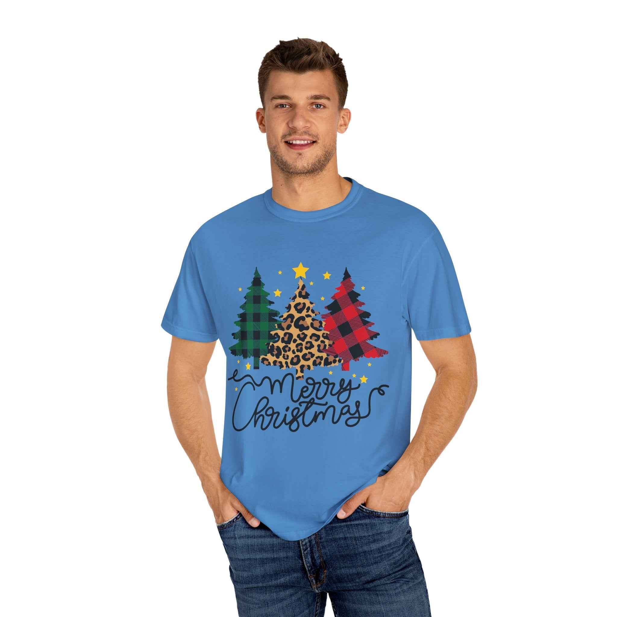 Merry Christmas T-Shirt – Santa Claus, Snowman & Christmas Tree | Holiday Graphic Tee