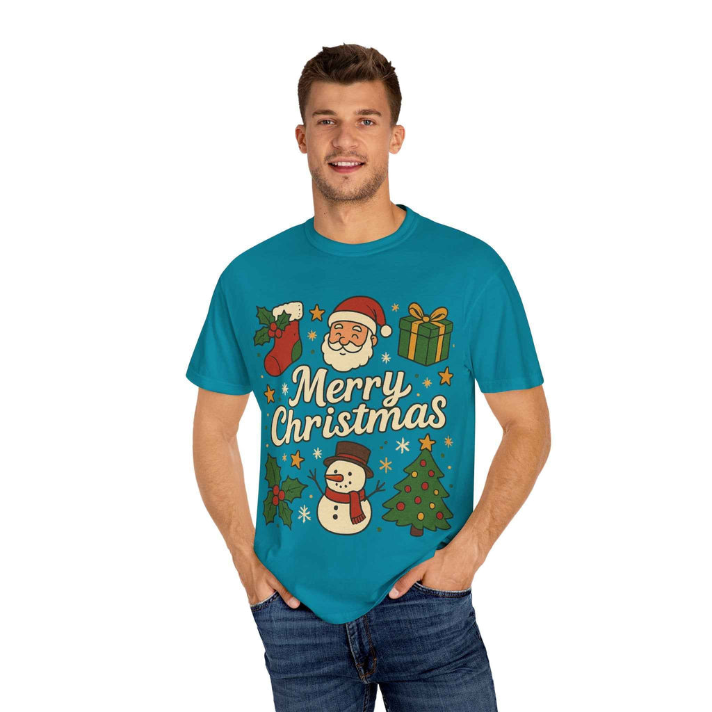 Merry Christmas T-Shirt – Santa Claus, Snowman & Christmas Tree | Holiday Graphic Tee
