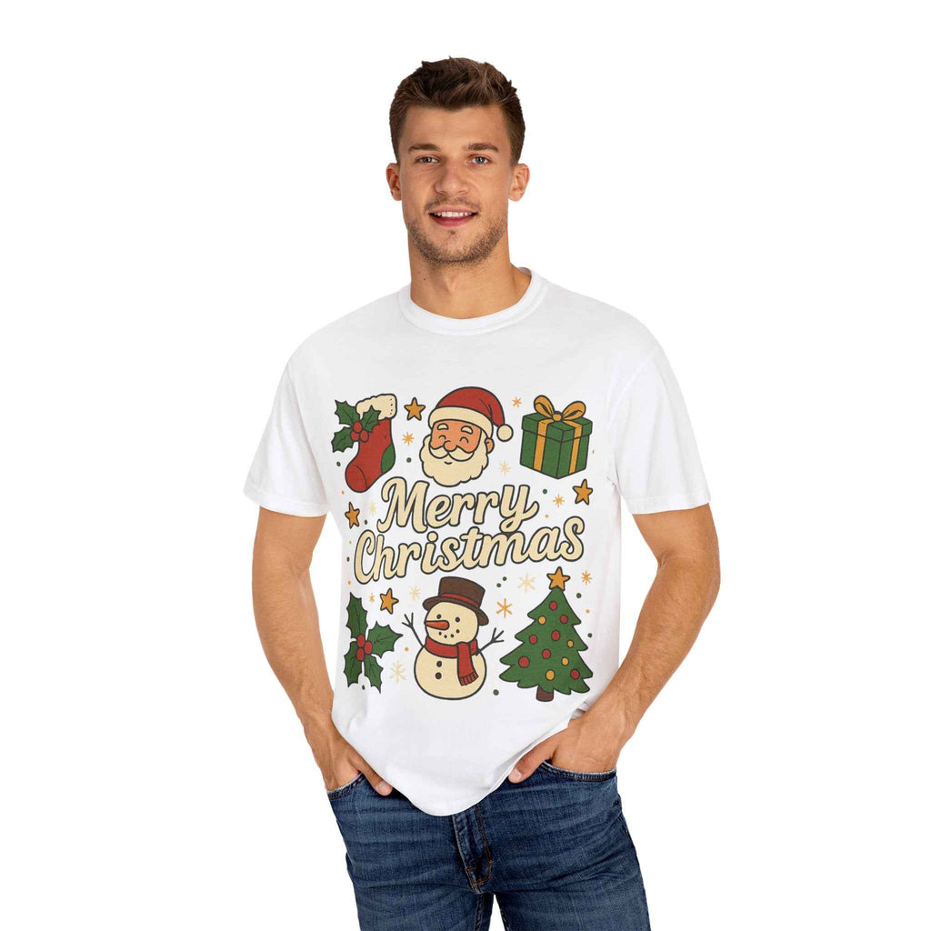 Merry Christmas T-Shirt – Santa Claus, Snowman & Christmas Tree | Holiday Graphic Tee