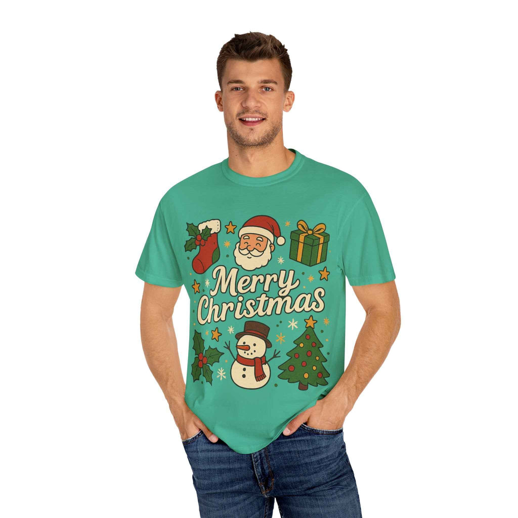 Merry Christmas T-Shirt – Santa Claus, Snowman & Christmas Tree | Holiday Graphic Tee