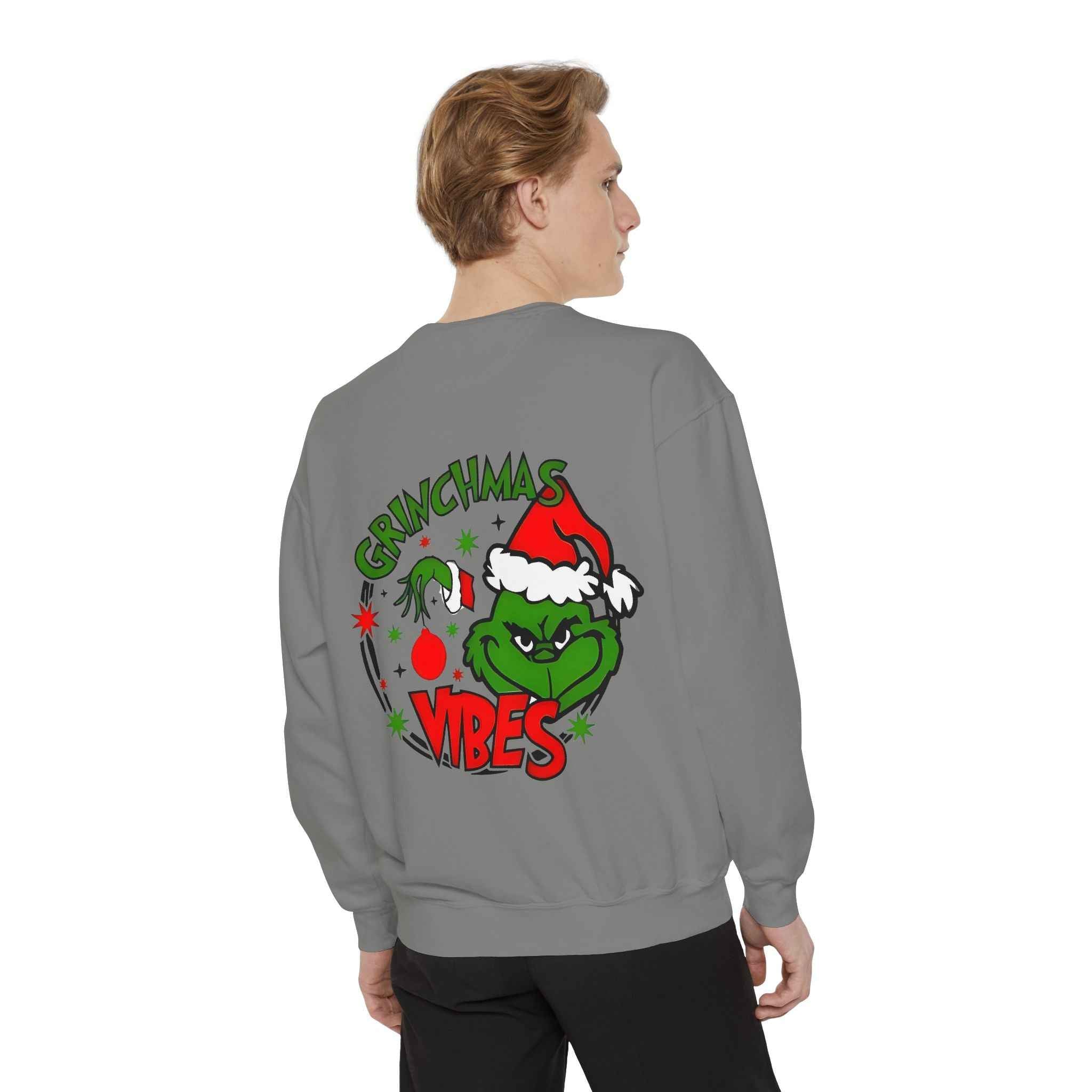 Grinchmas Vibes Reindeer Sweatshirt — "Merry Christmas" Front, "Grinchmas Vibes" Back