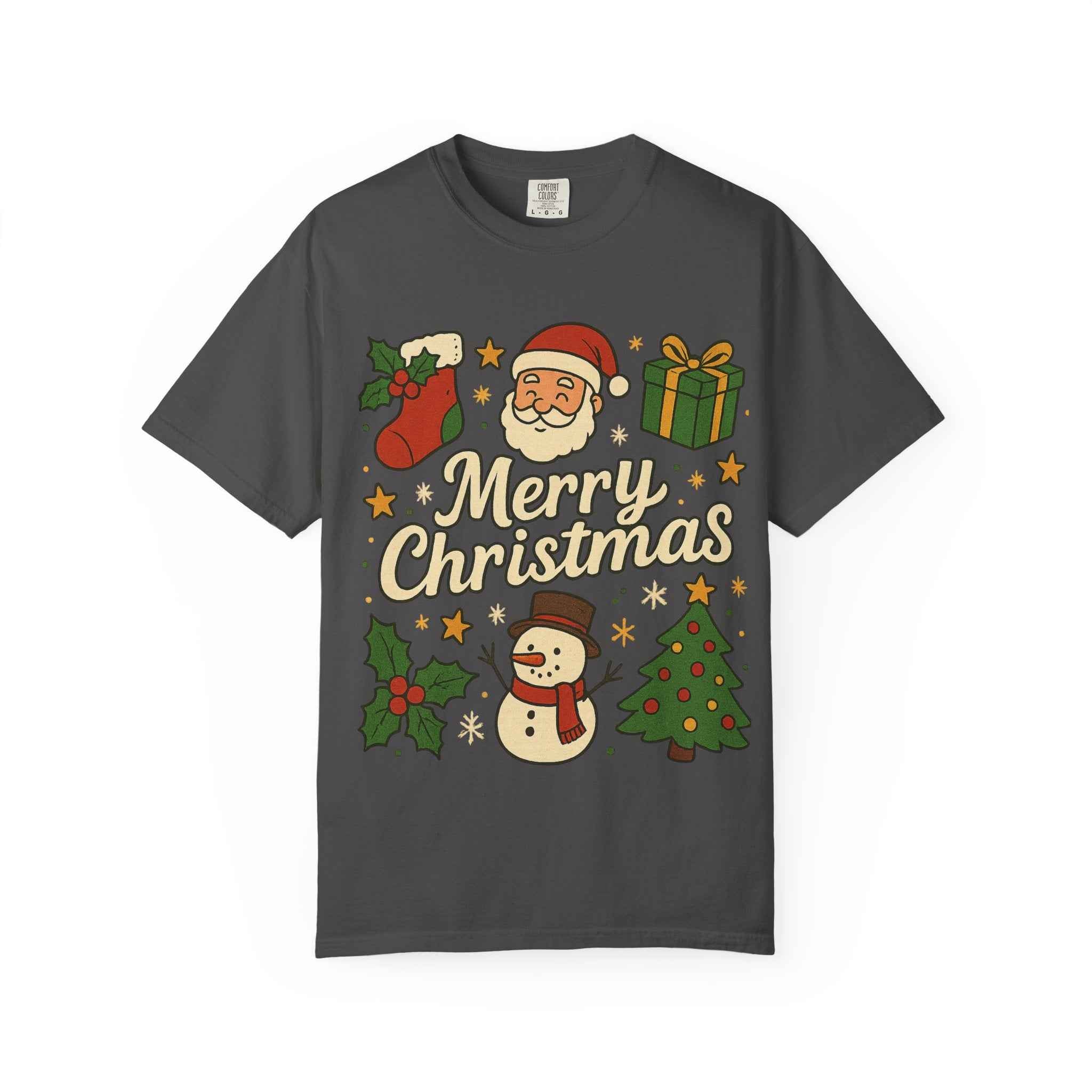 Merry Christmas T-Shirt – Santa Claus, Snowman & Christmas Tree | Holiday Graphic Tee