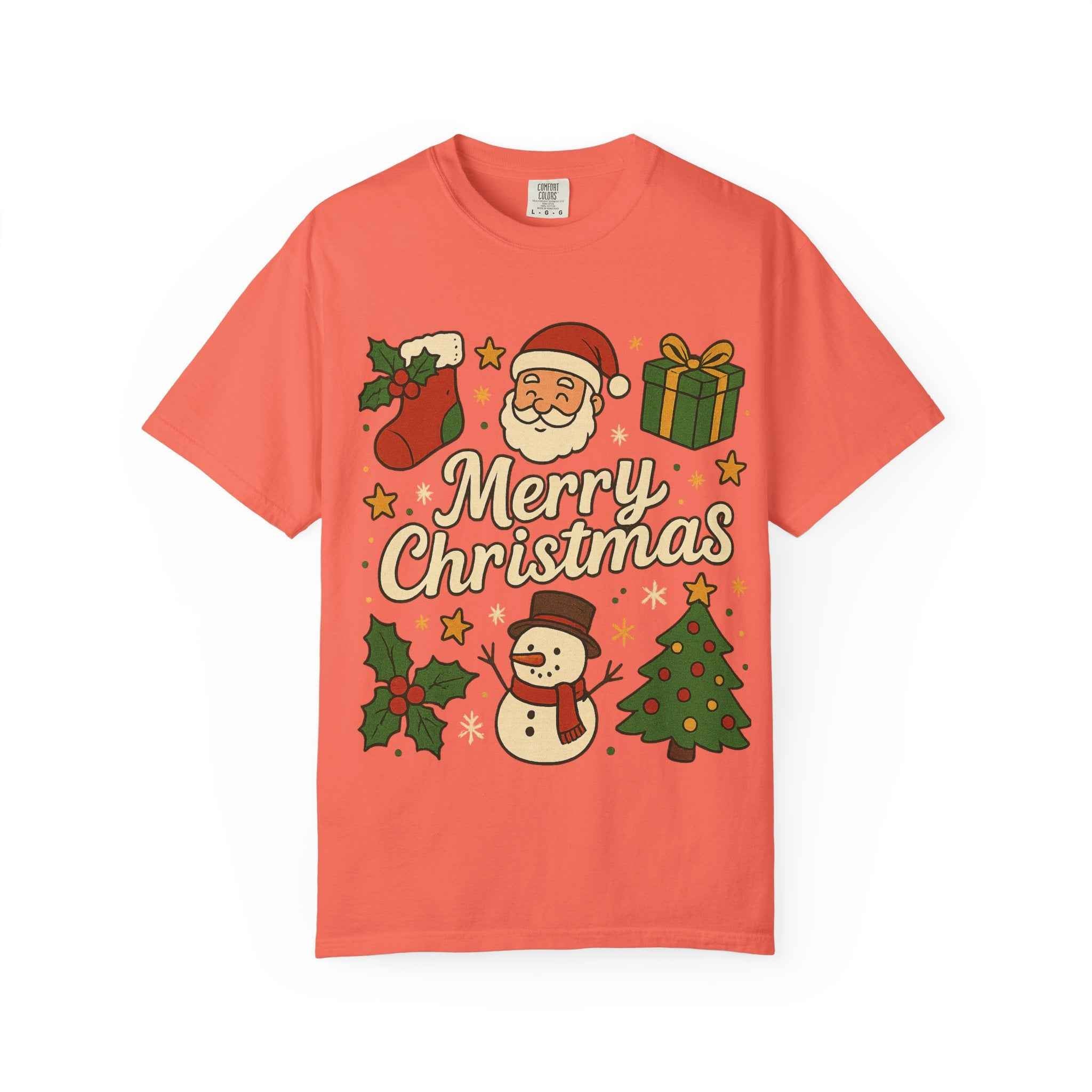 Merry Christmas T-Shirt – Santa Claus, Snowman & Christmas Tree | Holiday Graphic Tee
