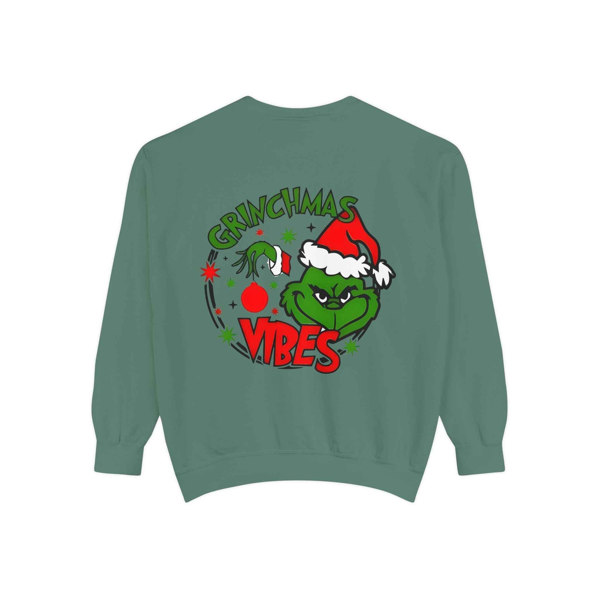 Grinchmas Vibes Reindeer Sweatshirt — "Merry Christmas" Front, "Grinchmas Vibes" Back