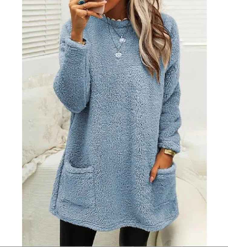 Women's Fleece Pullover Long Sweater With Pockets Winter Warm Thinken Sweatershirt Casual Long Sleeve Plush Tops Hoodie Coat Streetwear Fall Loose Outfits Hoodie Tops