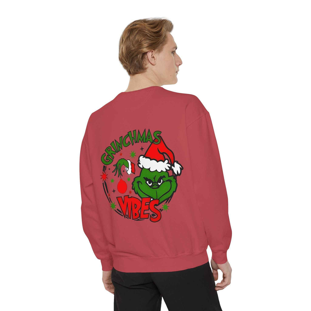 Grinchmas Vibes Reindeer Sweatshirt — "Merry Christmas" Front, "Grinchmas Vibes" Back