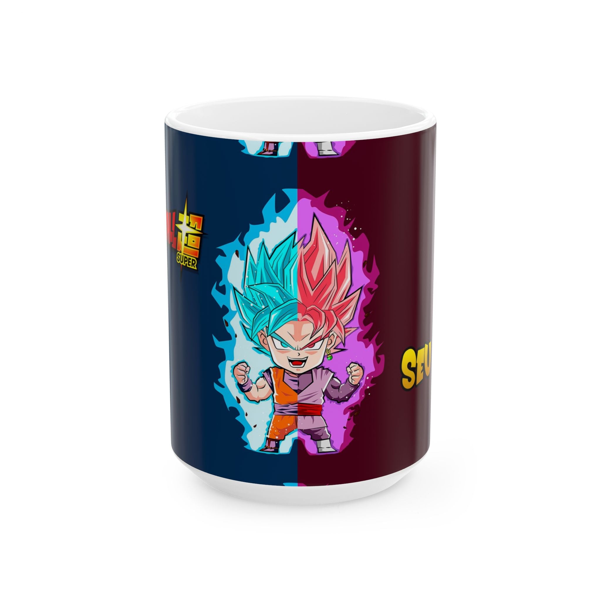 Dragon Warrior Ceramic Mug — Split Super Saiyan Chibi Design (11oz & 15oz)