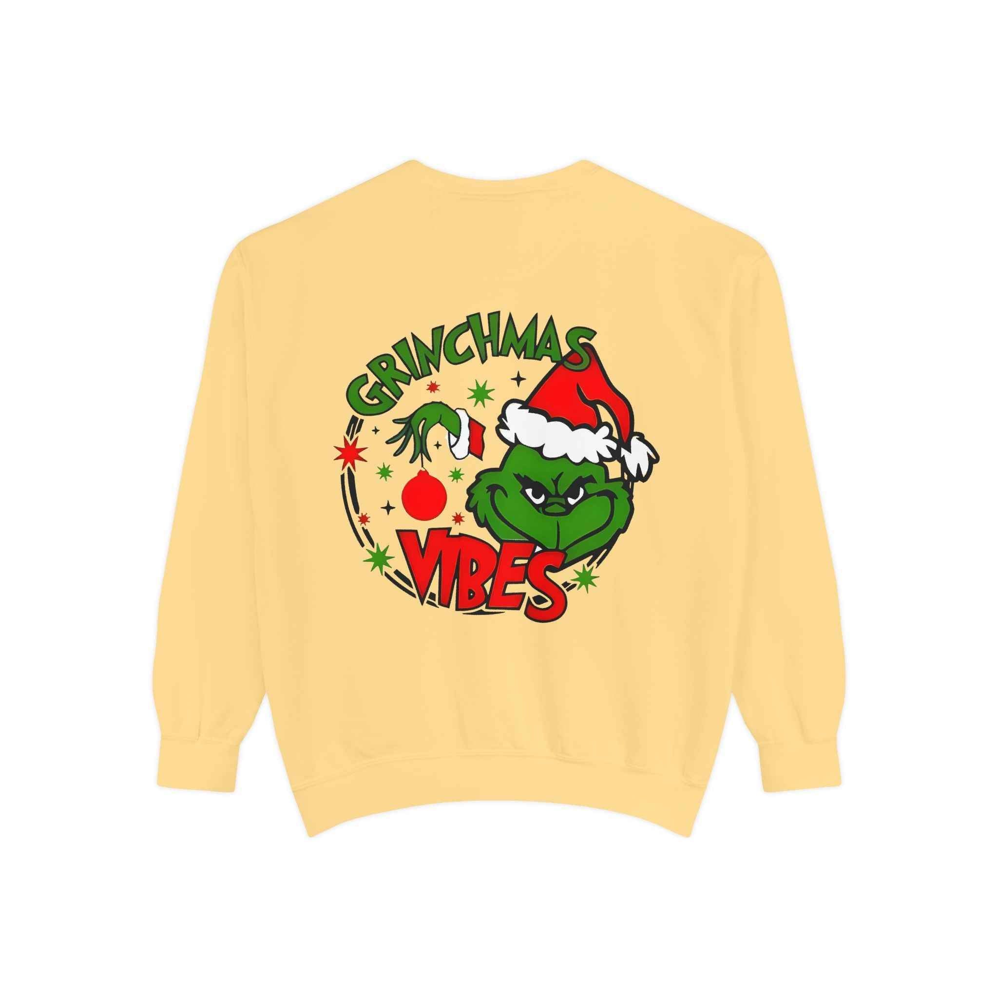 Grinchmas Vibes Reindeer Sweatshirt — "Merry Christmas" Front, "Grinchmas Vibes" Back