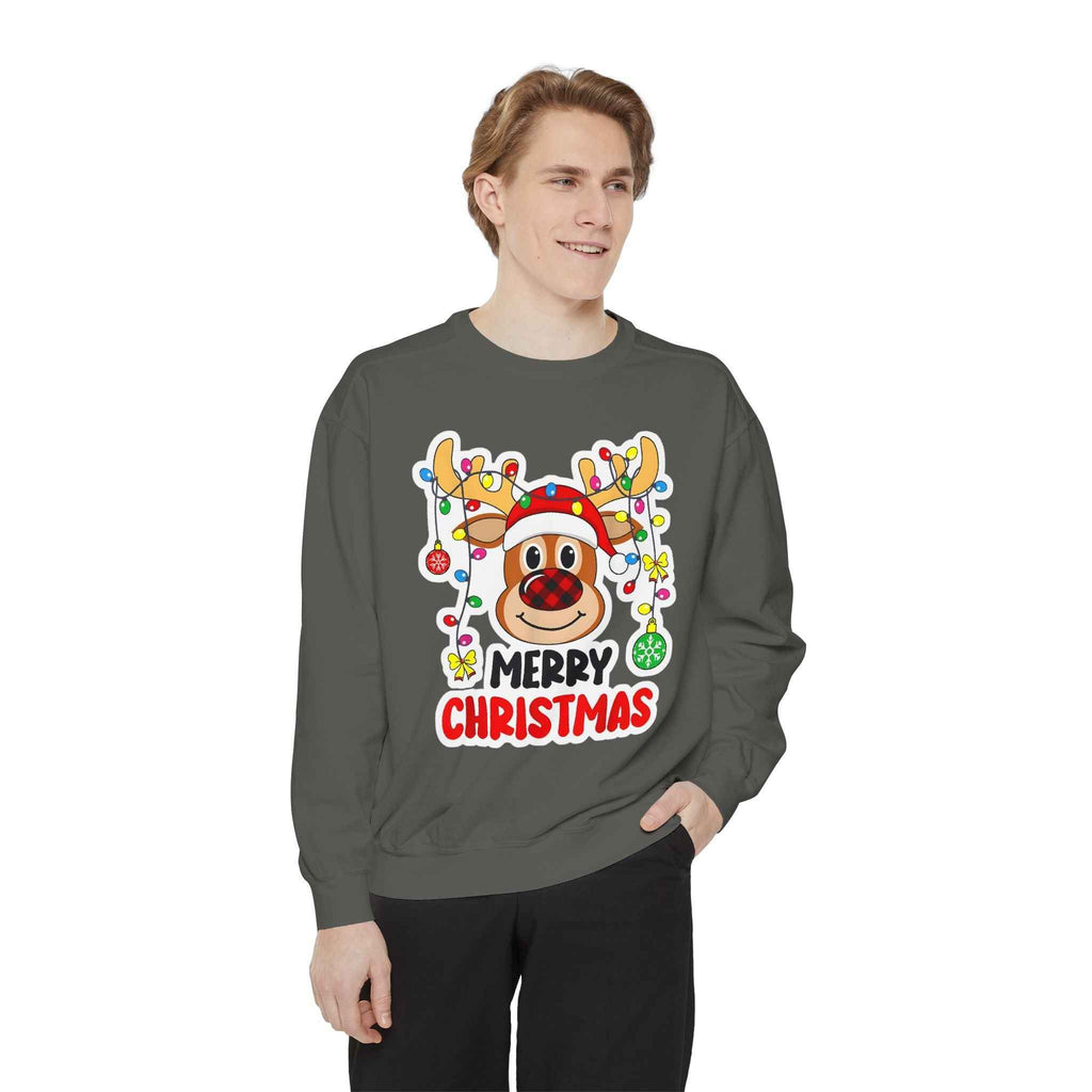 Grinchmas Vibes Reindeer Sweatshirt — "Merry Christmas" Front, "Grinchmas Vibes" Back