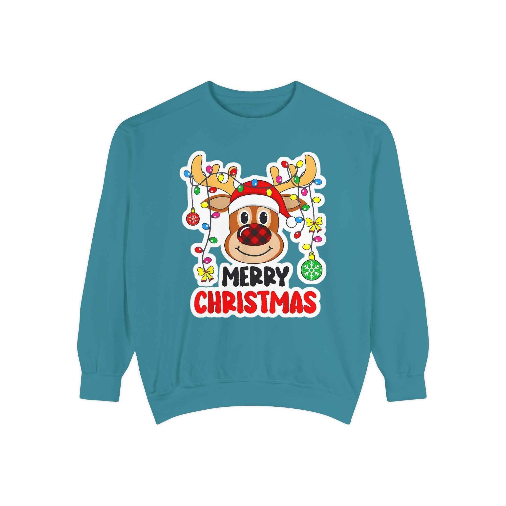 Grinchmas Vibes Reindeer Sweatshirt — "Merry Christmas" Front, "Grinchmas Vibes" Back