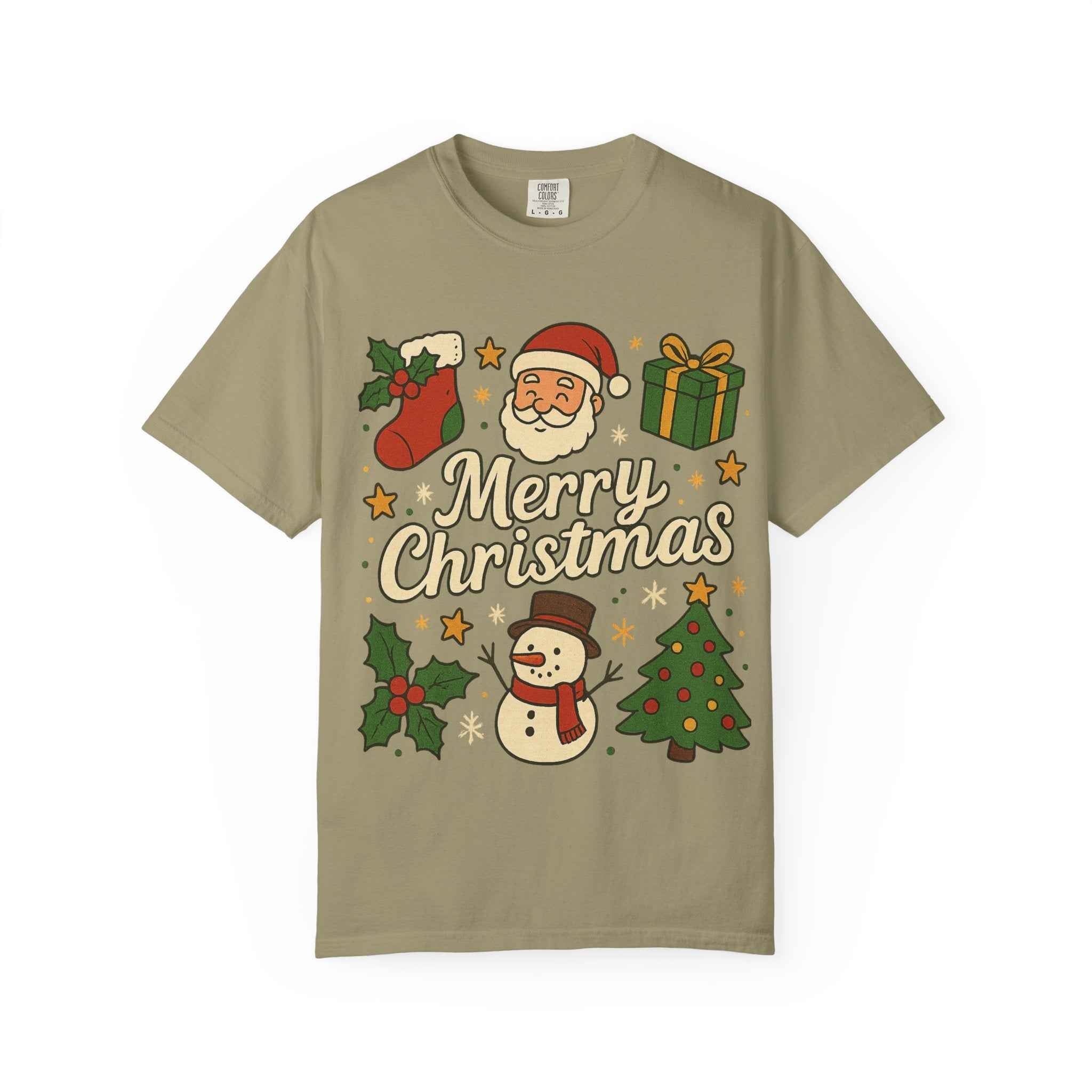 Merry Christmas T-Shirt – Santa Claus, Snowman & Christmas Tree | Holiday Graphic Tee