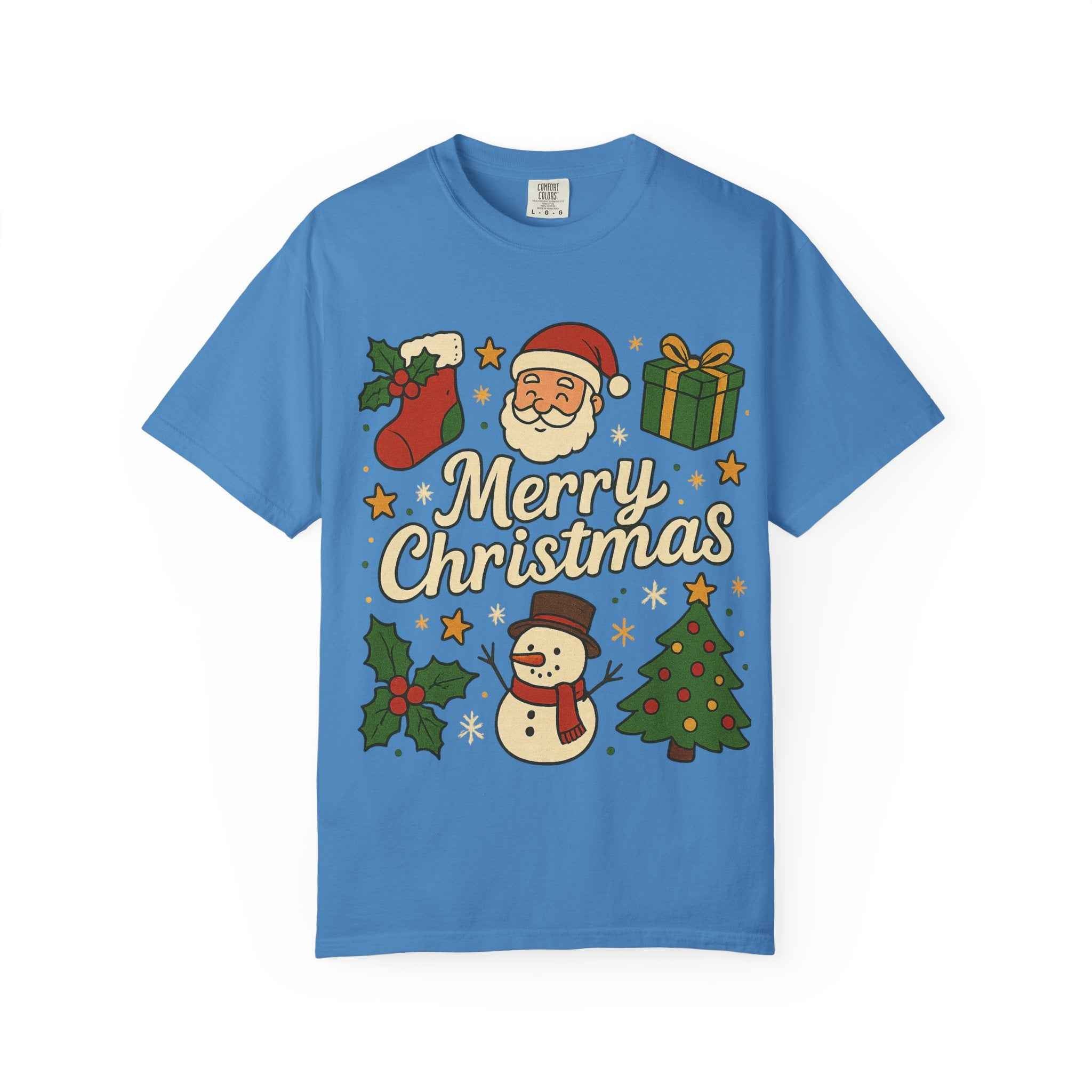 Merry Christmas T-Shirt – Santa Claus, Snowman & Christmas Tree | Holiday Graphic Tee
