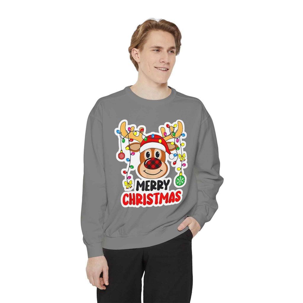 Grinchmas Vibes Reindeer Sweatshirt — "Merry Christmas" Front, "Grinchmas Vibes" Back