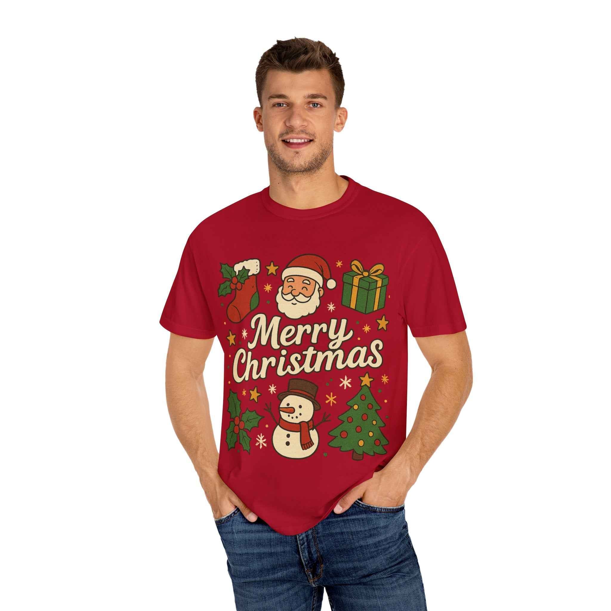 Merry Christmas T-Shirt – Santa Claus, Snowman & Christmas Tree | Holiday Graphic Tee