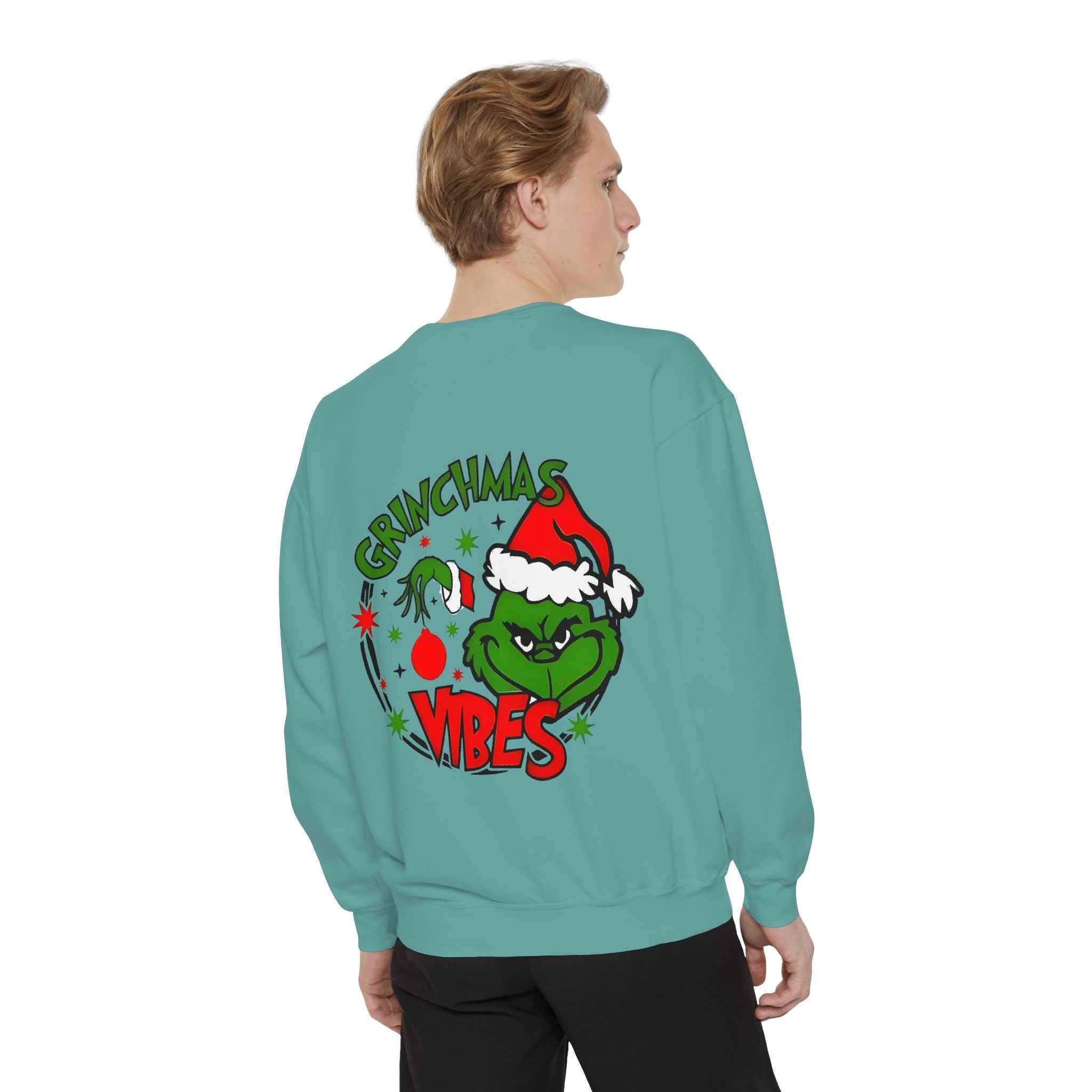 Grinchmas Vibes Reindeer Sweatshirt — "Merry Christmas" Front, "Grinchmas Vibes" Back