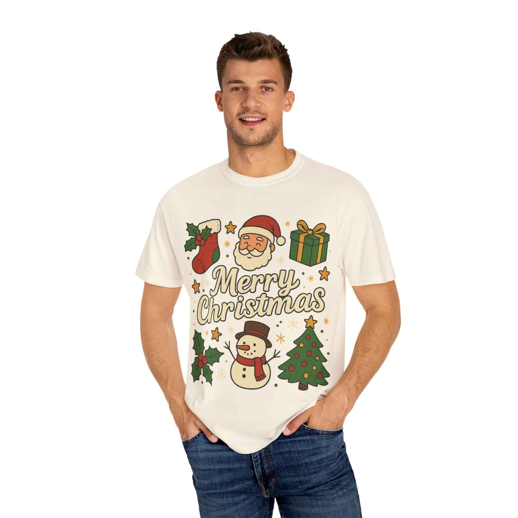Merry Christmas T-Shirt – Santa Claus, Snowman & Christmas Tree | Holiday Graphic Tee