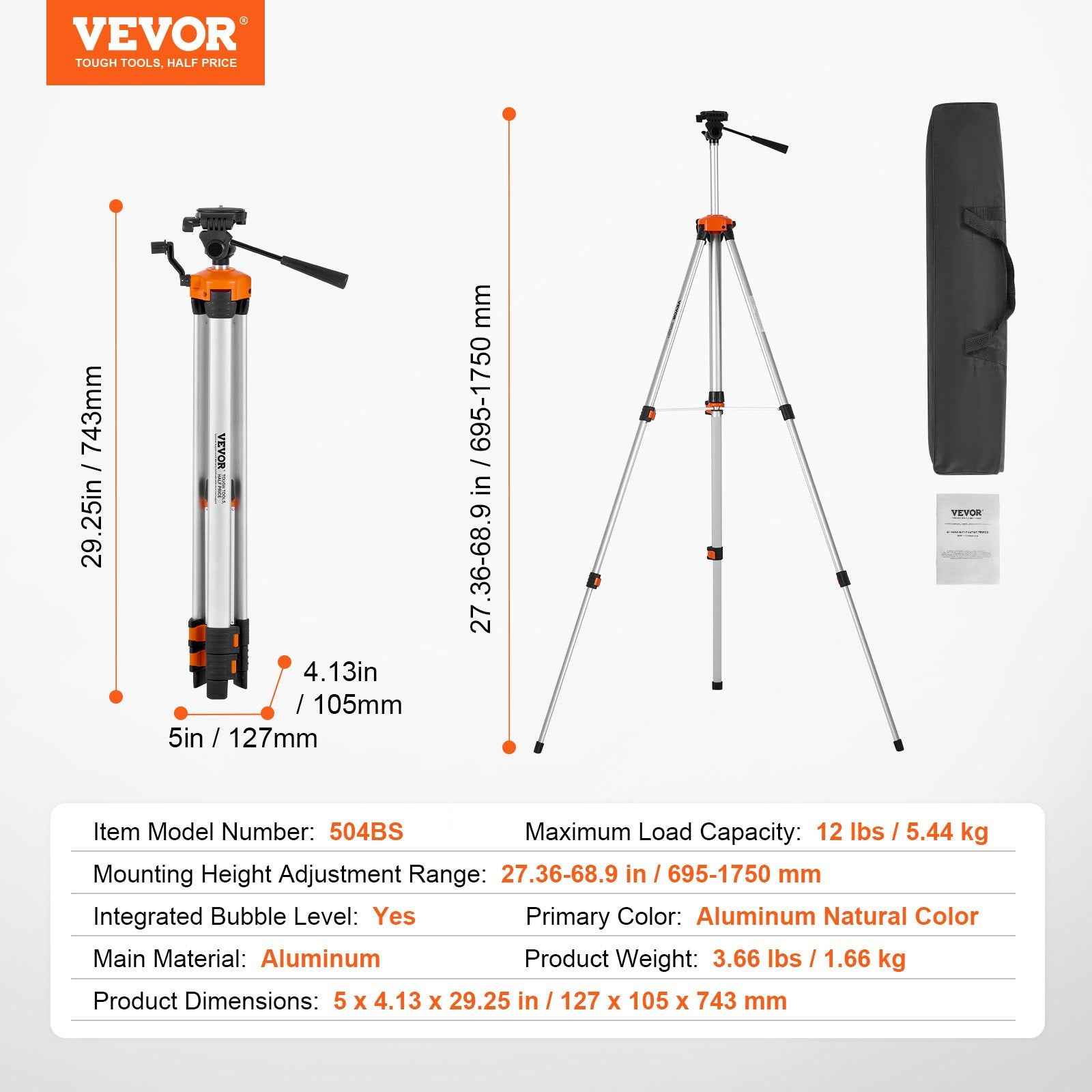 Laser Level Tripod  X 20 Thread 27.36-68.11 Inch Height Adjustment