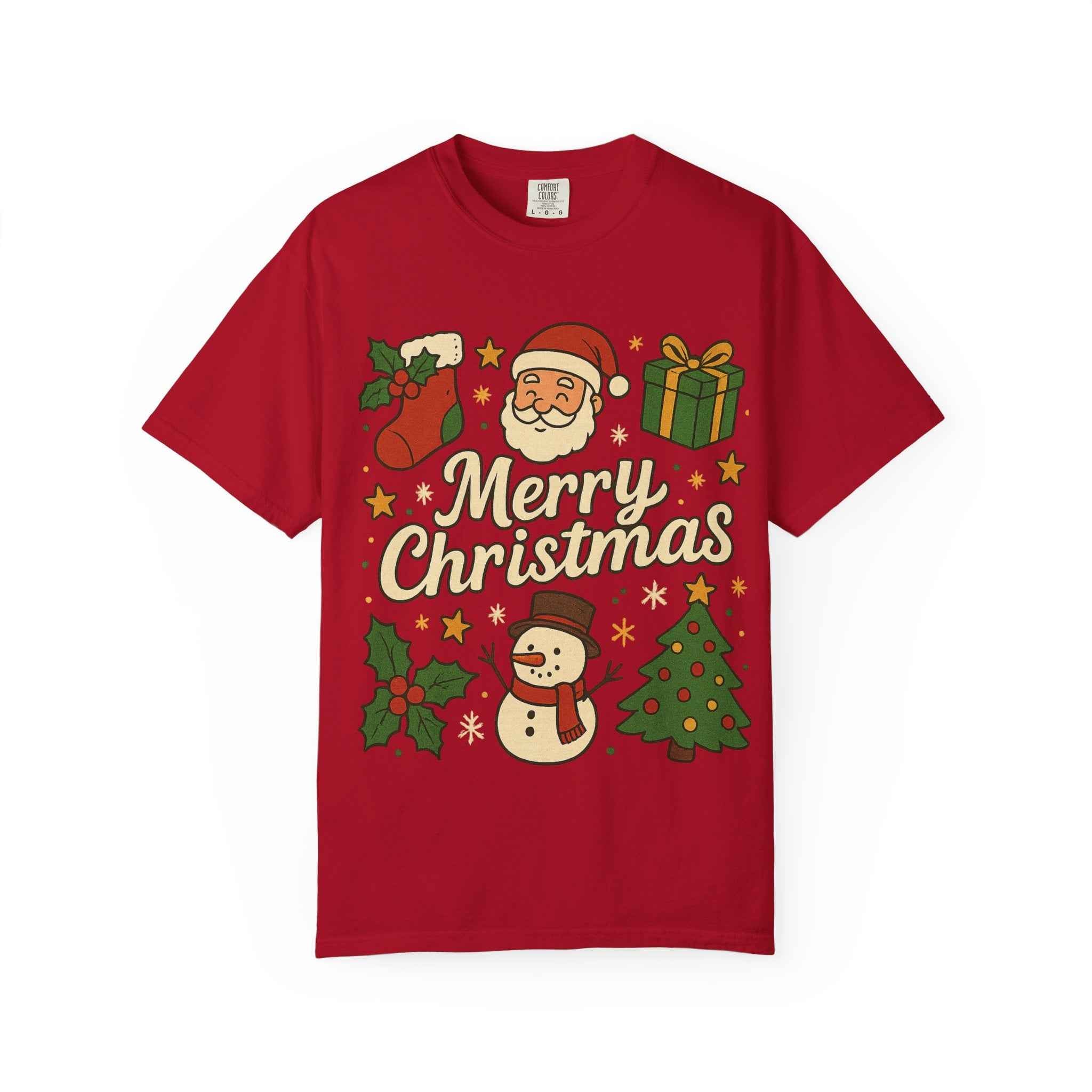 Merry Christmas T-Shirt – Santa Claus, Snowman & Christmas Tree | Holiday Graphic Tee