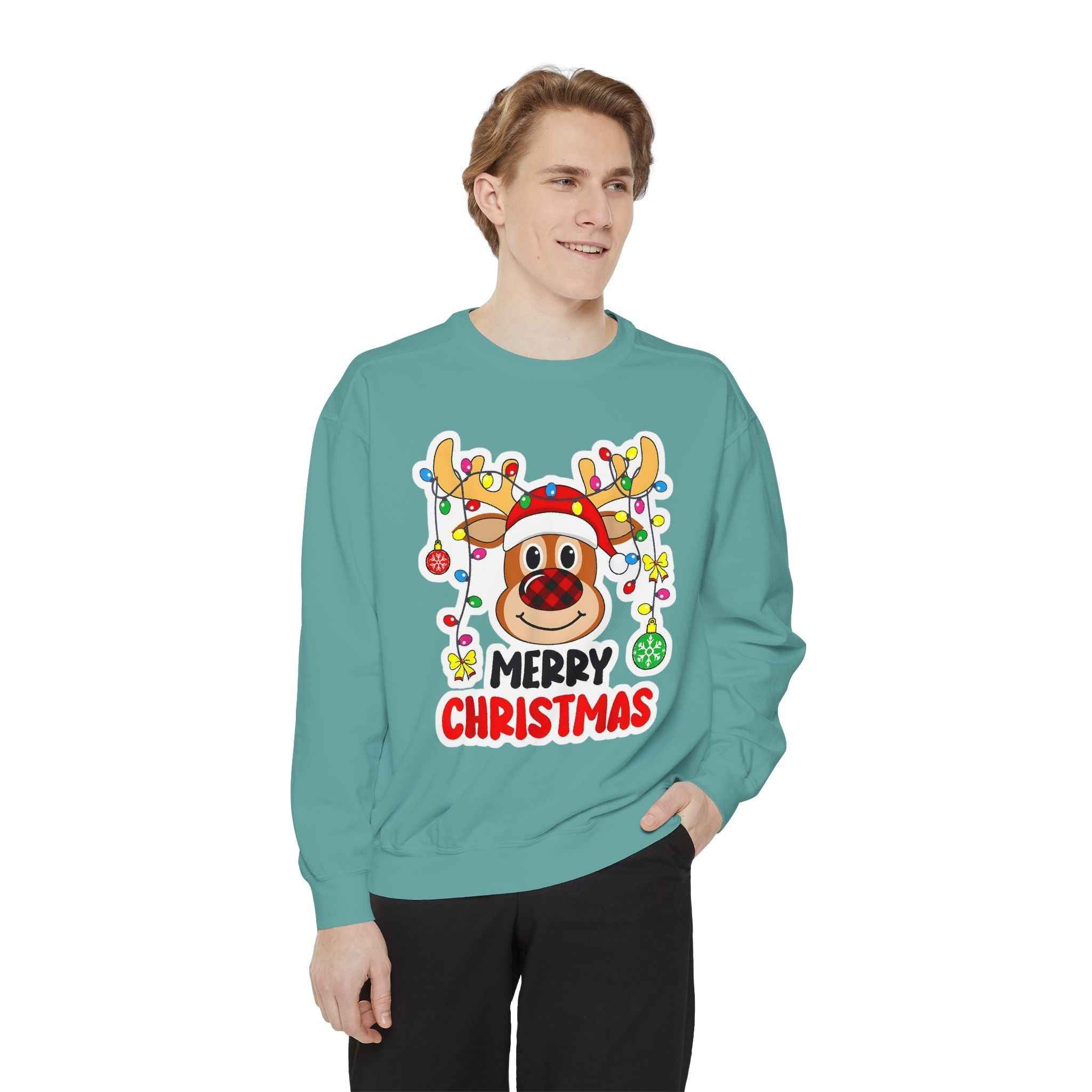 Grinchmas Vibes Reindeer Sweatshirt — "Merry Christmas" Front, "Grinchmas Vibes" Back