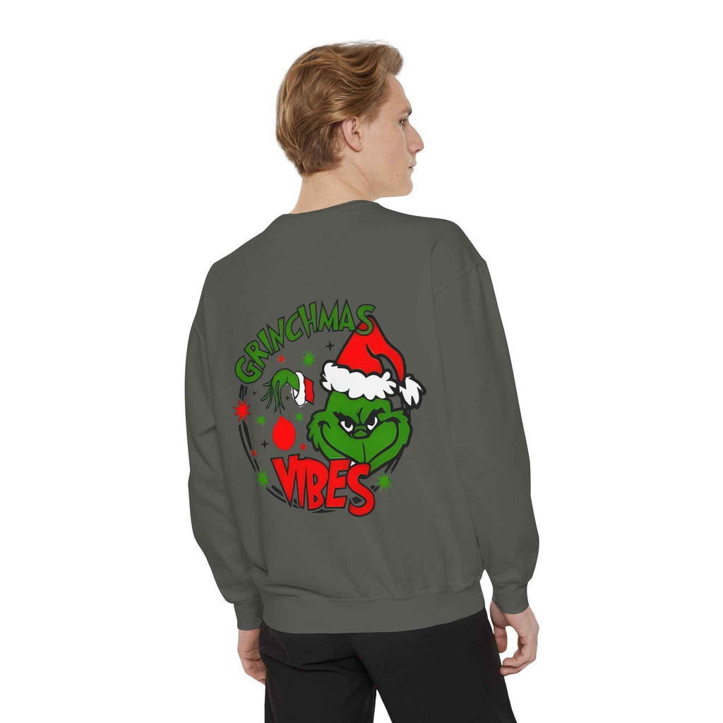 Grinchmas Vibes Reindeer Sweatshirt — "Merry Christmas" Front, "Grinchmas Vibes" Back