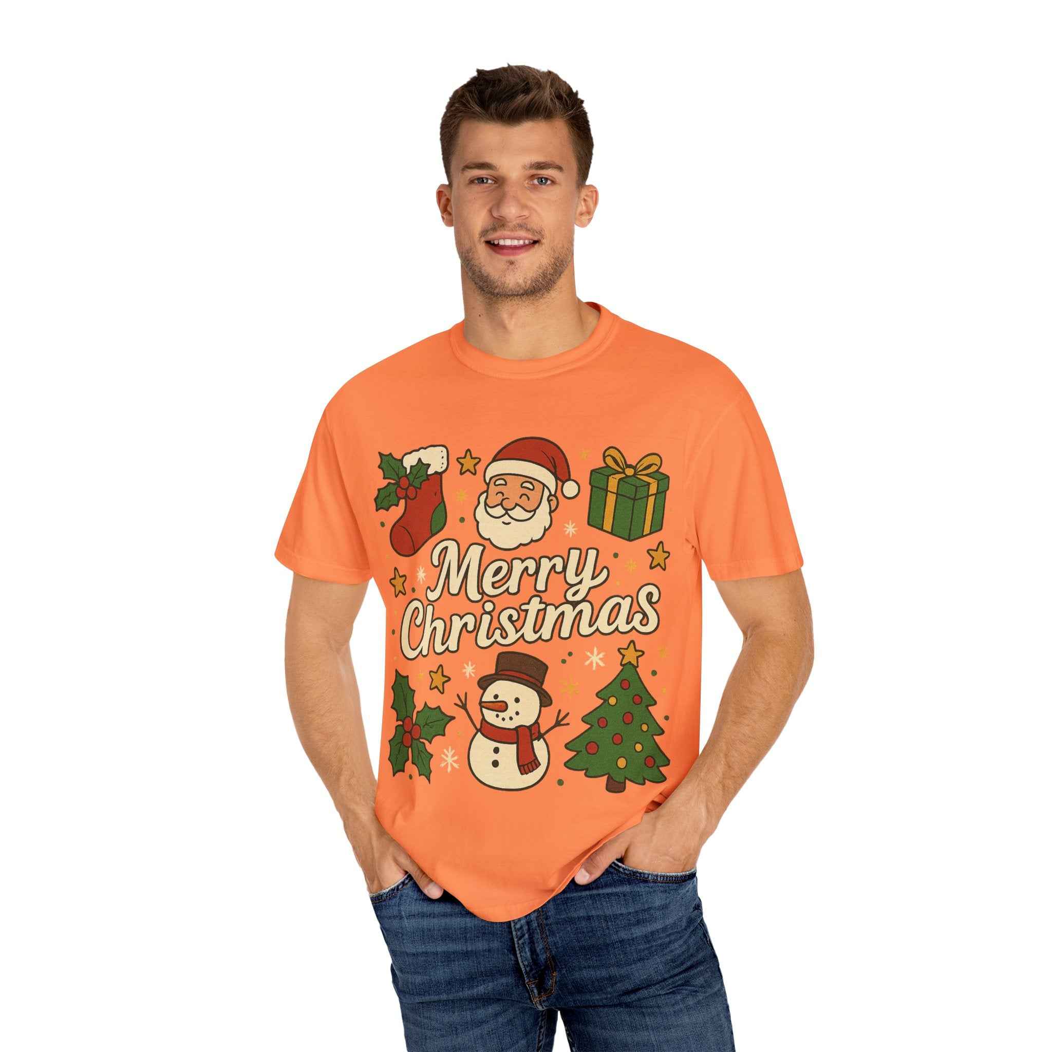 Merry Christmas T-Shirt – Santa Claus, Snowman & Christmas Tree | Holiday Graphic Tee