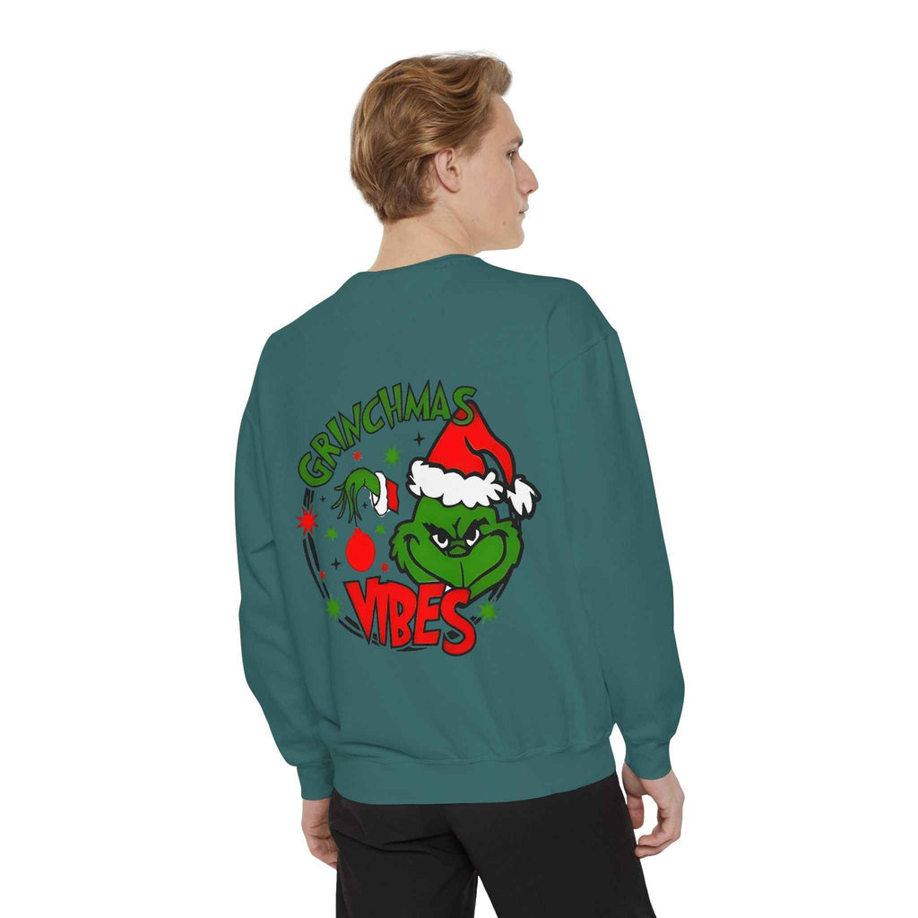 Grinchmas Vibes Reindeer Sweatshirt — "Merry Christmas" Front, "Grinchmas Vibes" Back