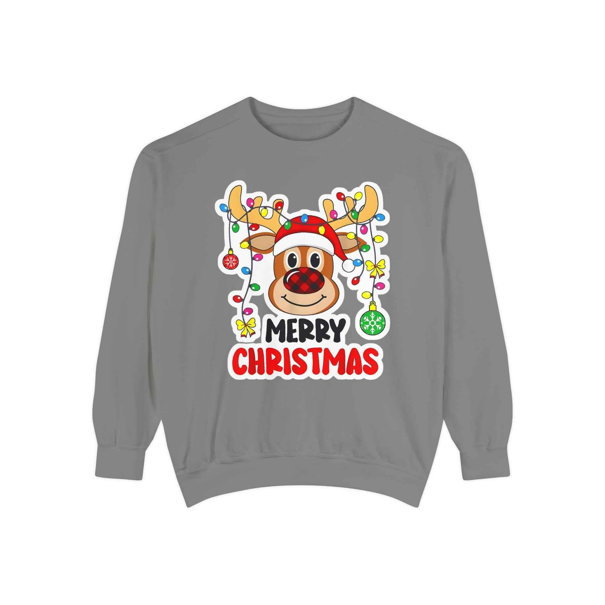 Grinchmas Vibes Reindeer Sweatshirt — "Merry Christmas" Front, "Grinchmas Vibes" Back