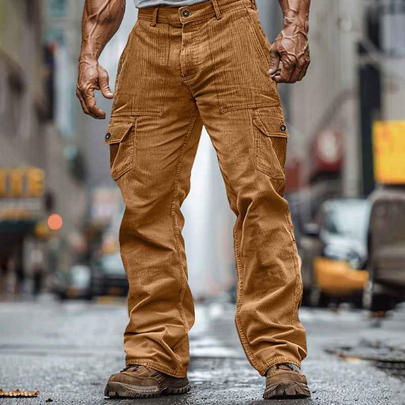Corduroy Wear-resistant Casual Elastic Waist Multi-pocket Pure Color Comfort Men's Overalls