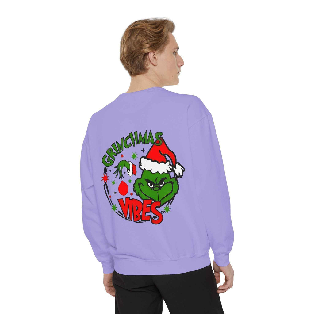 Grinchmas Vibes Reindeer Sweatshirt — "Merry Christmas" Front, "Grinchmas Vibes" Back
